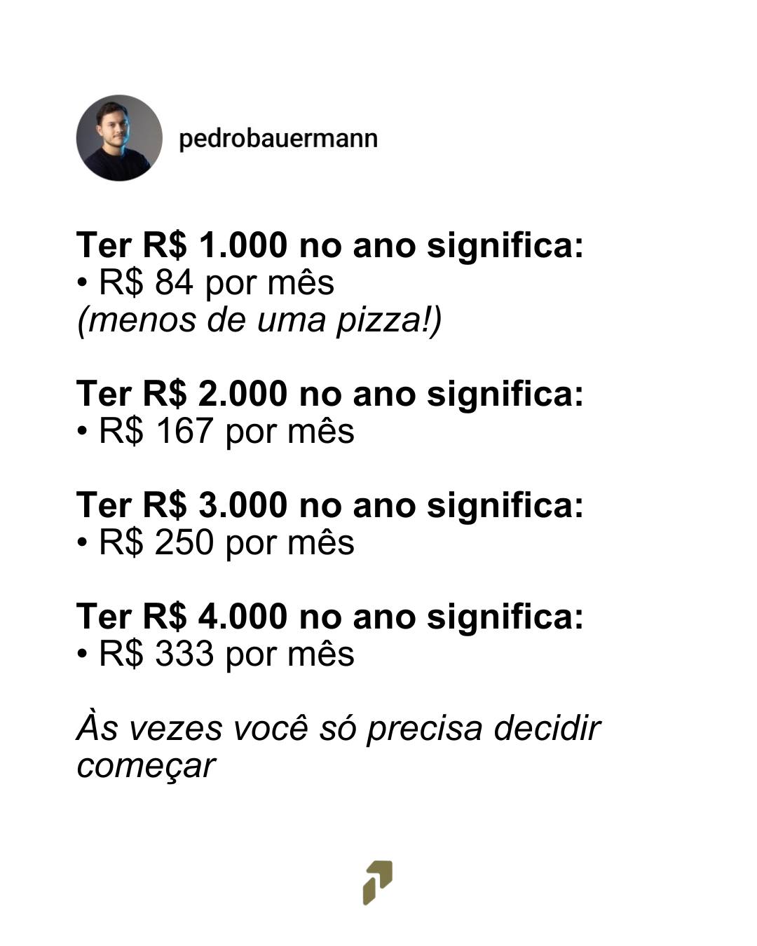 Começar a investir é exatamente como andar de bicicleta
Quando você aprendeu a andar de bicicleta, você simplesmente decidiu que queria saber pedalar. Ninguém obrigou você a querer fazer isso, foi quase como uma decisão natural.
No início, foi complexo, você caiu, tentou novamente, até que aprendeu e nunca mais vai esquecer.
Nos investimentos, é exatamente a mesma coisa. No início você vai depositar pouco, vai errar, mas com o tempo se tornará um hábito tão simples que você estranhará quando não fizer.
Se você está começando a investir, escolha valores pequenos, construa o hábito e depois aprimore. Guardar dinheiro precisa ser a sua prioridade sempre.
Gostou? Já me segue por aqui!