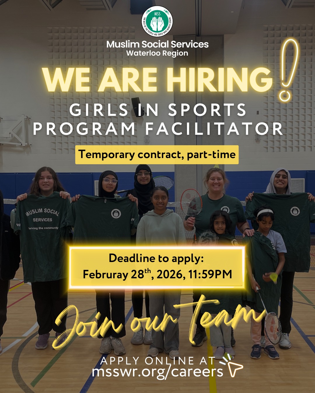 We’re hiring! 📣📣
Muslim Social Services Waterloo Region is looking for a Program Facilitator for our Girls in Sport program to join our team on a temporary, part-time contract.
This role is perfect for someone passionate about youth empowerment, physical activity, and creating inclusive spaces where girls can thrive.
Deadline to apply: February 28, 2026 at 11:59 PM
🔗 For more details or to apply, click our link in bio or go to www.msswr.org/careers
Join us in making a meaningful impact!
#hiring #WaterlooRegion