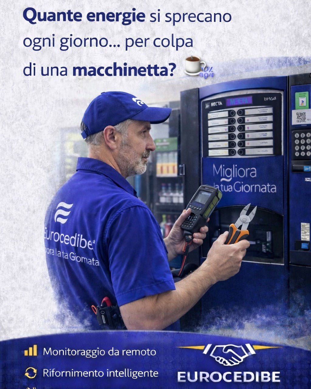 Quante energie si sprecano ogni giorno… per colpa di una macchinetta? ☕⚙️
“Il caffè è finito.”
“La macchina non dà il resto.”
“Lo snack preferito non c’è.”
“È bloccato tutto, chi chiamo?”
Piccole segnalazioni? Solo in apparenza.
Somma tutto questo e avrai un’intera giornata di interruzioni, fastidi, micro-problemi che si accumulano sulle spalle delle persone sbagliate: HR, office manager, amministrativi.
Figure strategiche, che dovrebbero dedicarsi a obiettivi importanti, invece costrette a rincorrere tecnici, rispondere a lamentele, fare da filtro tra collaboratori frustrati e fornitori assenti.
Questo non è solo un problema operativo.
È un blocco alla produttività, una dispersione di attenzione, una fonte quotidiana di stress che mina il benessere e la qualità del lavoro.
Noi lavoriamo per eliminare tutto questo.
📊 Monitoraggio da remoto
🔄 Rifornimento intelligente
🧑🔧 Manutenzione preventiva
Il risultato?
La pausa torna a essere ciò che dovrebbe: un momento di ricarica, non una fonte di caos.
E il tuo team può concentrarsi su ciò che davvero conta.
Contattaci e scopri come possiamo semplificarti la vita in ufficio:
🌎 https://www.eurocedibe.it/miglioralatuagiornata
📞 800.943.011
📧 info@eurocedibe.it
#Eurocedibe #ZeroLamentele #ProduttivitàReale #PausaSenzaPensieri #GestioneSnella