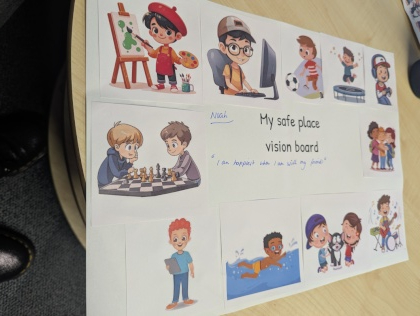 💚 Mental Health Awareness Week 💚
As part of Mental Health Awareness Week, our students explored the idea of “My Safe Place” by creating vision boards using images of activities, hobbies and places that help them feel calm and happy.
One student choose images for his vision board, carefully selecting what matters most to him. While working, Noah shared, “I am happiest when I am with my friends.”
A lovely reminder of how important connection, friendship and feeling safe are for our wellbeing.