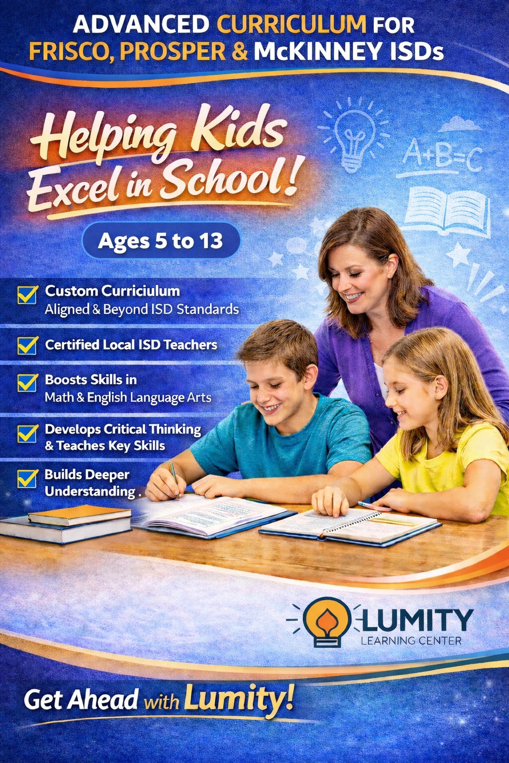 ✨ Helping kids build confidence — not just complete homework.
At Lumity Learning Center, we go beyond memorization to develop critical thinking, deeper understanding, and strong problem-solving skills. Our certified local teachers use a custom curriculum aligned with Frisco, Prosper, and McKinney ISDs to help students truly excel in Math and English.
📚 Give your child the academic advantage they deserve.
🚀 Get Ahead with Lumity!
👉 Enrol Now -> https://forms.gle/cKqhN67n7yT2peWz5
#FriscoTX
#ProsperTX
#McKinneyTX
#FriscoParents
#ProsperParents
#McKinneyParents
#AfterSchoolProgram
#AcademicEnrichment
#MathSupport
#ELAEnrichment
#CertifiedTeachers
#StudentSuccess
#helpingkidsexcel