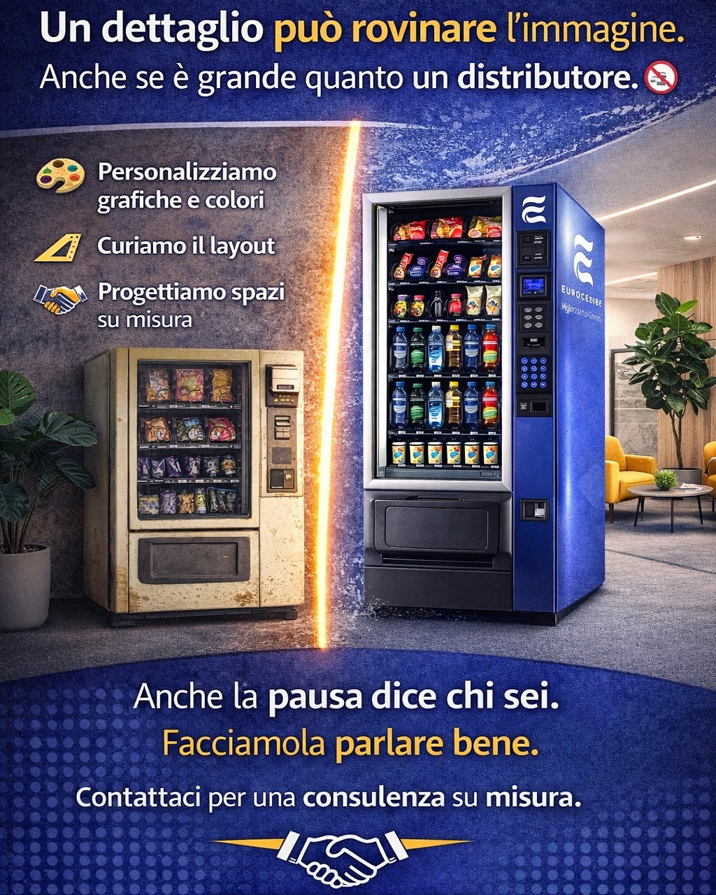 Un dettaglio può rovinare l’immagine. Anche se è grande quanto un distributore. 🧯
Hai investito in uffici moderni, spazi accoglienti, arredi coerenti con il brand.
Ogni angolo parla di cura, innovazione, professionalità.
Poi c’è lui: il vecchio distributore automatico.
Inadeguato, ingiallito, fuori contesto.
Non è solo una questione estetica.
È comunicazione visiva. È percezione aziendale.
Per noi, l’area ristoro è parte integrante dell’identità di un’azienda.
Per questo non ci limitiamo a installare macchine:
🎨 personalizziamo grafiche e colori,
📐 curiamo il layout,
🤝 progettiamo insieme a te uno spazio coerente con l’immagine che vuoi trasmettere.
Anche la pausa dice chi sei. Facciamola parlare bene.
Contattaci per una consulenza su misura:
🌎 https://www.eurocedibe.it/miglioralatuagiornata
📞 800.943.011
📧 info@eurocedibe.it
#Eurocedibe #ImmagineAziendale #CorporateDesign #AreaRistoro #PausaProfessionale