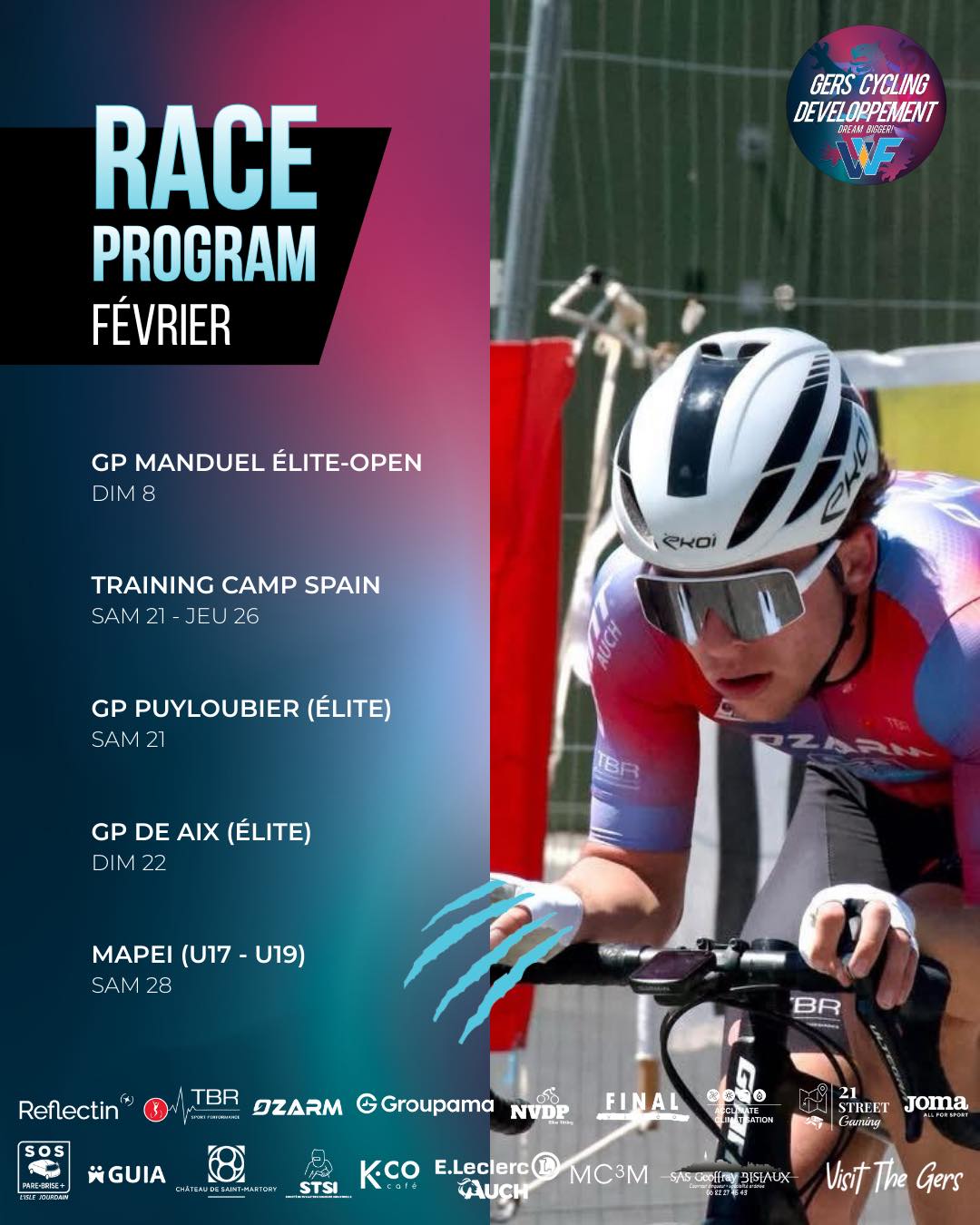 📆 Février marque le vrai coup d’envoi de la saison.
Les premières courses arrivent, le rythme s’accélère, les repères se prennent.
Voici le calendrier des rendez-vous de février pour nos coureurs. 👇
Bonne chance à nos joueurs sur ces premières échéances 💪
On a hâte !
Dream Bigger Together 🚴♂️
Véranda et Verrière de France @crealudiffusion @eleclercauch @sosparebrisepluslislejourdain @ozarm_sport @21street_gaming @jomasport @groupama @sonia.reflectin STSI @chateausaintmartory GUIA @kcocafe @nvdp_bikefitting @tbrsportperformance MC3M @final__video SAS GEOFFRAY BISIAUX @teamnicemetropolecotedazur