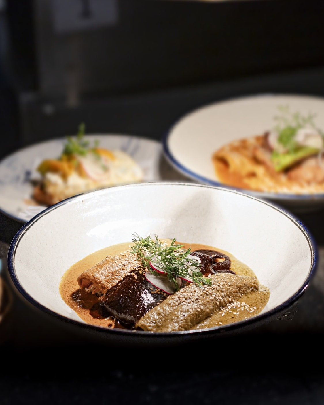 Enchiladas de pollo con 3 de nuestros grandes moles: Poblano, pipián rojo y pipián verde. 🙌 ¡Ven y disfruta de su sabor inigualable!