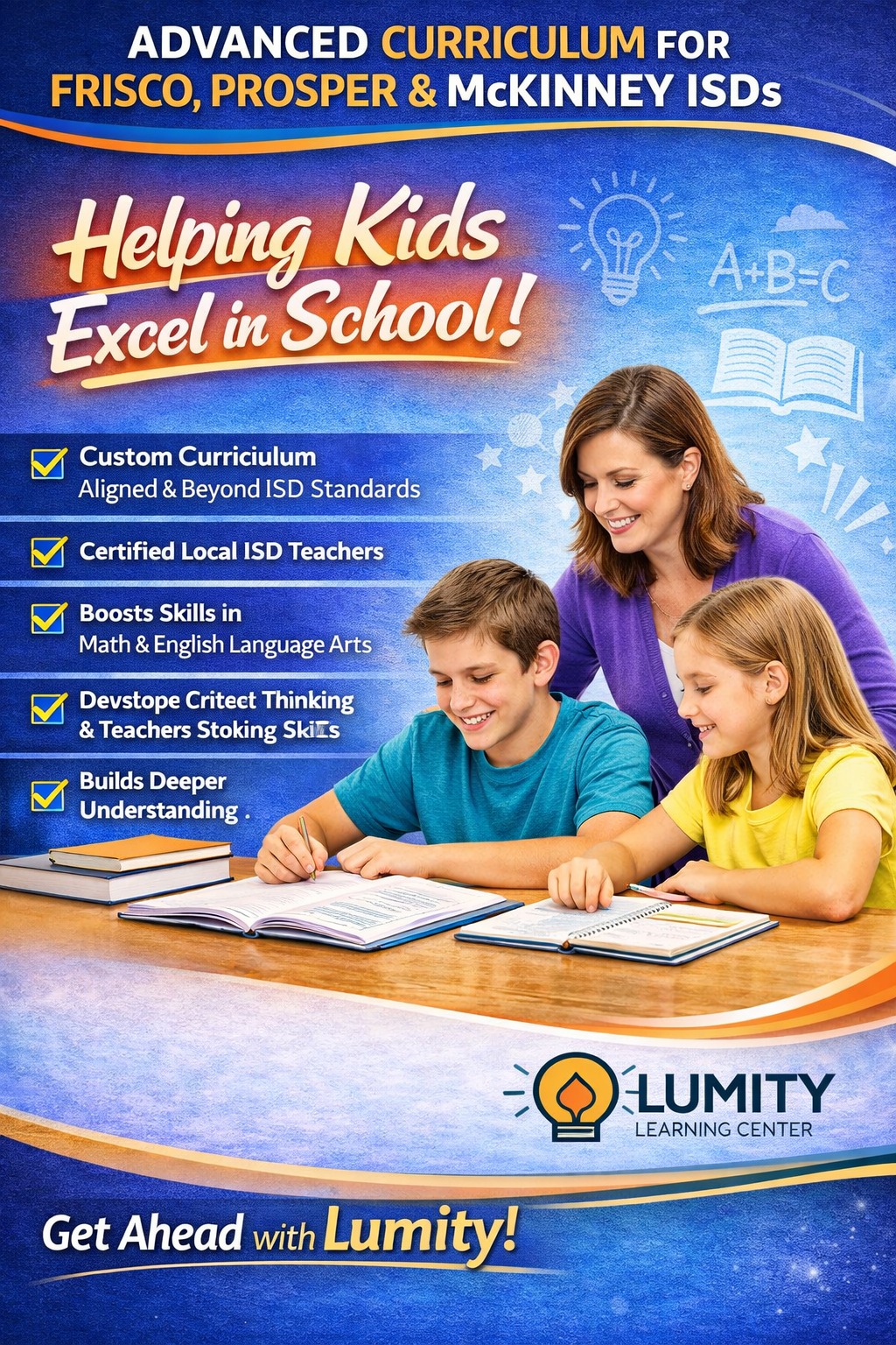 ✨ Helping kids build confidence — not just complete homework.
At Lumity Learning Center, we go beyond memorization to develop critical thinking, deeper understanding, and strong problem-solving skills. Our certified local teachers use a custom curriculum aligned with Frisco, Prosper, and McKinney ISDs to help students truly excel in Math and English.
📚 Give your child the academic advantage they deserve.
🚀 Get Ahead with Lumity!
👉 Enrol Now -> https://forms.gle/cKqhN67n7yT2peWz5
#FriscoTX
#ProsperTX
#McKinneyTX
#FriscoParents
#ProsperParents
#McKinneyParents
#AfterSchoolProgram
#AcademicEnrichment
#MathSupport
#ELAEnrichment
#CertifiedTeachers
#StudentSuccess
#helpingkidsexcel