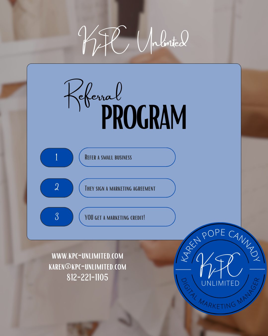 We know times are tough and most small businesses are looking to increase revenue and cut costs. We share this challenge, and we believe the best way to do that is for small businesses to work together and support each other.
We are offering a marketing credit to any small business or organization that refers a new client to us. This credit can be used toward any marketing service, whether long term or one off. It’s our way of saying thank you for helping us expand our network and continue delivering exceptional service.
If you're unsure about referrals check out our services to see how we can help.https://www.kpc-unlimited.com/services-1
#kpcsupportssmallbusiness #smallbusinessowner