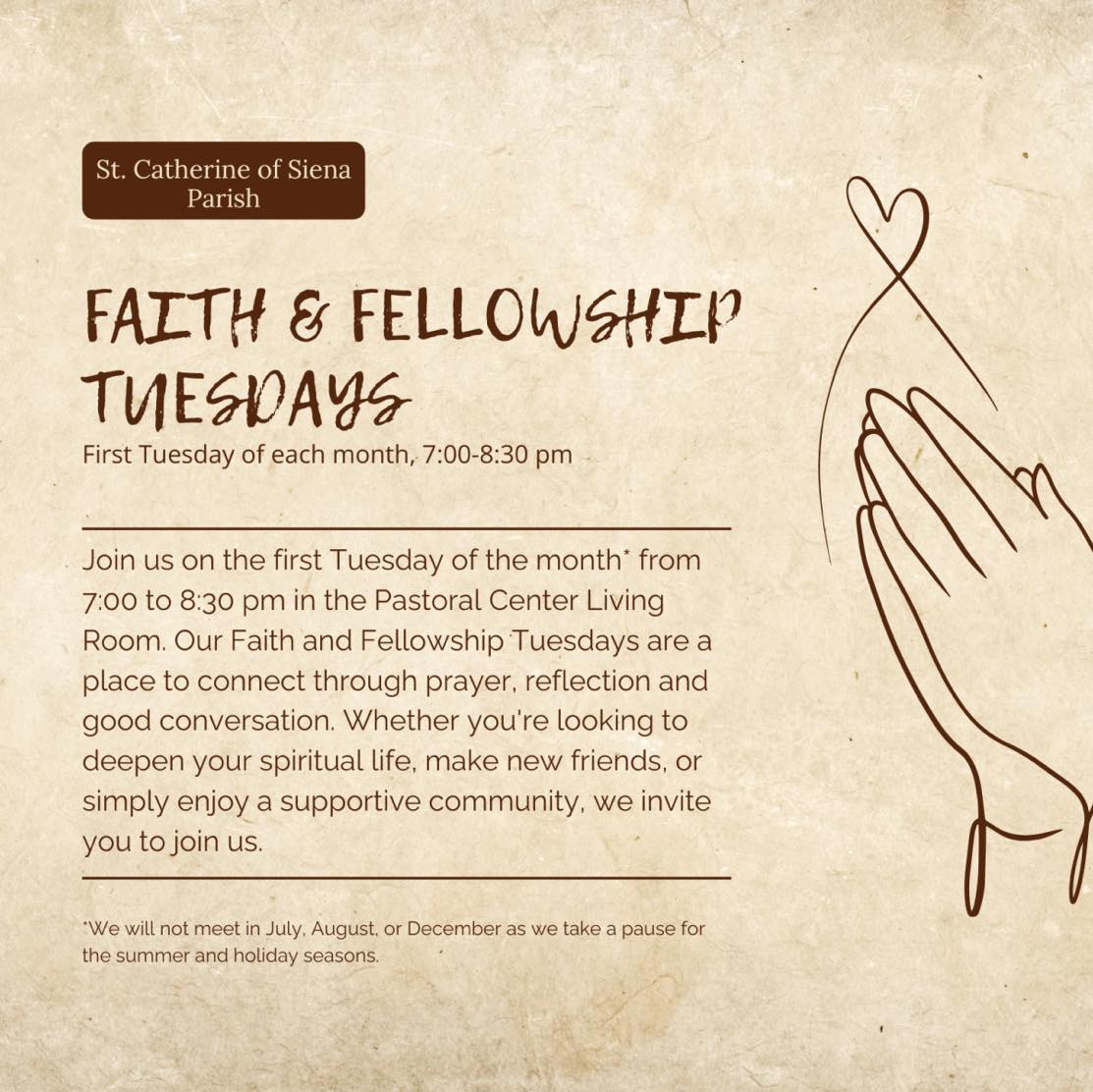 Faith and Fellowship Tuesdays 🙏 Join us on the first Tuesday of the month from in the Pastoral Center Living Room 7:00 - 8:30pm beginning this Tuesday, February 3rd.
Our Faith and Fellowship Tuesdays are a place to connect through prayer, reflection and good conversation. Whether you're looking to deepen your spiritual life, make new friends, or simply enjoy a supportive community, we invite you to join us.