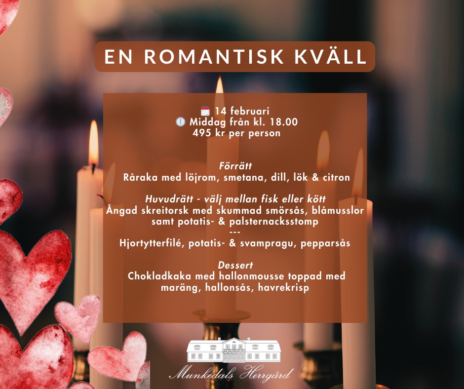 ❤️ Kärlek vid levande ljus på Herrgården
En stämningsfull kväll med trerätters middag i romantisk miljö
Säkra er plats – en romantisk upplevelse väntar 🥰