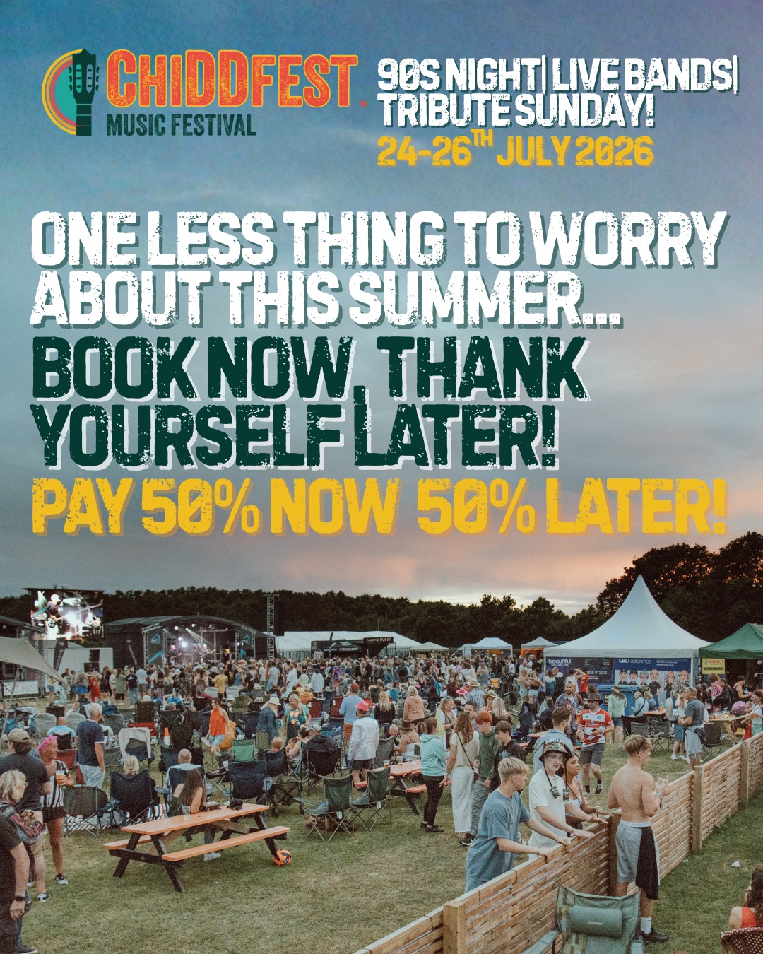 💳 Pay 50% now, 50% later! 💳
One less thing to worry about this summer… book your Chiddfest 2026 tickets now and thank yourself later! 🎶✨
3 days of live music, 90s Night, Tribute Sunday, family fun, and unforgettable memories.
🎟️ Tickets: @onlineticketseller
📻 Updates: @ashdown.radio
#Chiddfest #BuyNowPayLater #FestivalTickets #LiveMusic #90sNight #TributeSunday #FamilyFun #Hailsham #EastSussex #FestivalVibes