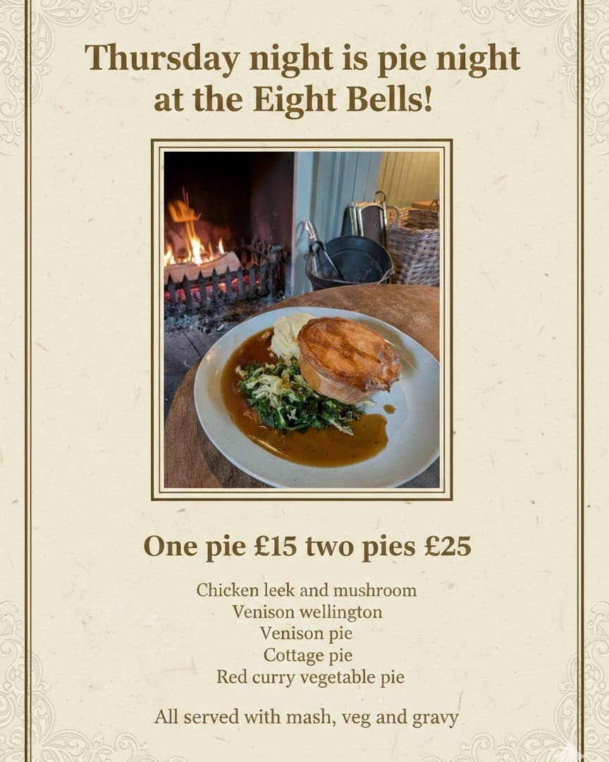Tonight is the launch of Thursday night Homemade pie night at The Eight Bells, Bolney.
One Pie £15 or two for £25.
Booking advised but walk in welcome 🤗