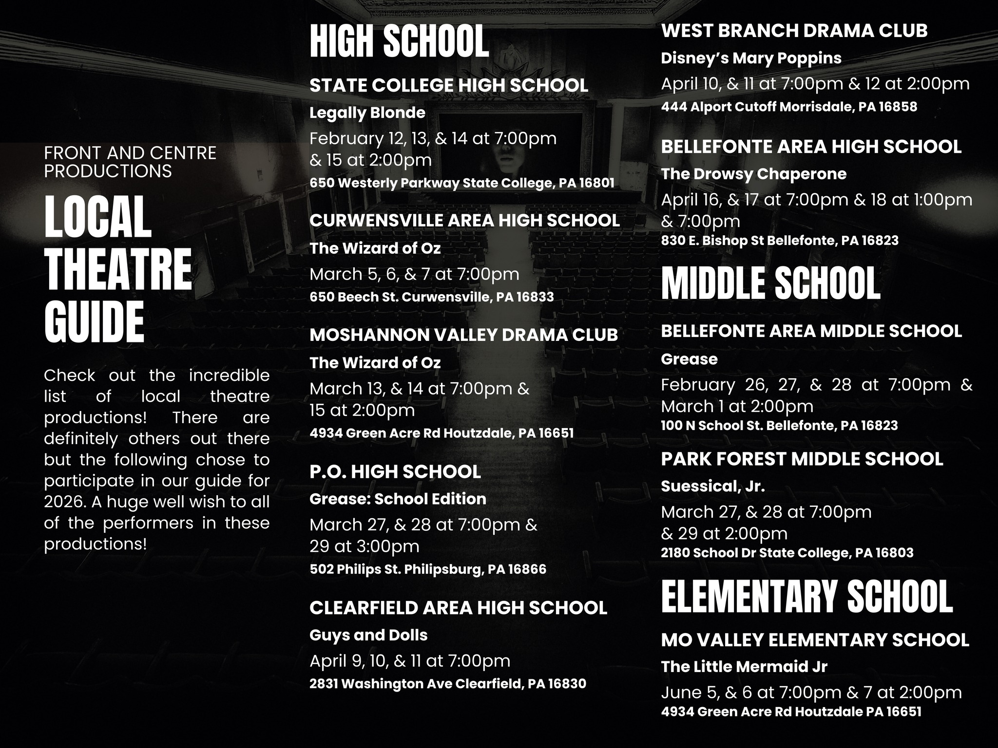 Here is this year's Local Theatre Guide! We included all that were submitted but if we happened to miss your production, you can comment on this post. Break a leg to all of the performers this year as well!