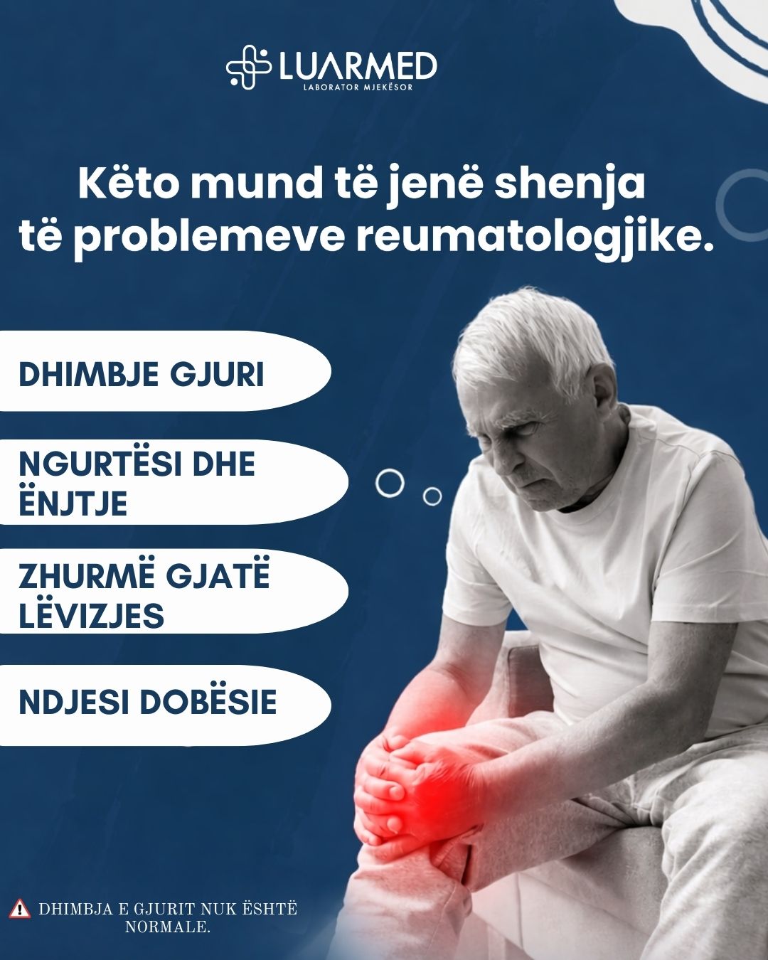 Dhimbja e gjurit, ngurtësia, ënjtja apo zhurmat gjatë lëvizjes nuk duhen neglizhuar.
Këto mund të jenë shenja të problemeve reumatologjike që kërkojnë vlerësim të specializuar.
Diagnostikimi i hershëm ndihmon në:
✔️ trajtim më efektiv
✔️ ruajtjen e lëvizshmërisë
✔️ përmirësimin e cilësisë së jetës
Çdo ditë LUARMED ofron konsulta reumatologjike.
Për më shumë informacion, kontaktoni në numrin e telefonit:
📲0675000414