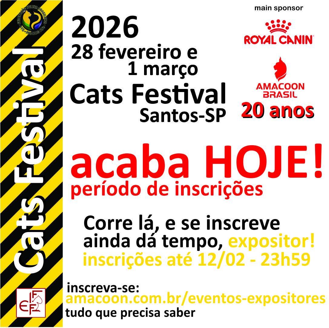 Encerra HOJE o período de inscrições dos gatos para Cats Festival Amacoon 20 anos Santos 2026. Vai ser lindo o nosso evento com várias surpresas e diversão na certa! Amacoon, a mais divertida. Agradecemos sua presença!
Quem ainda não se inscreveu, corre lá!
Leia o convite técnico, clicando em convite, e como se inscrever em:
www.amacoon.com.br/eventos-expositores
Estamos com SAUDADES de TODOS vocês!
#Amacoon_a_mais_divertida #amacoon_brasil #amacoon #expogatos #expogatossorocaba #royalcaninbrasil
#royalcanin #gatos #cats #fife #gatosdoinstagram #gatosdomesticos #amorfelino #gatosfofos #gatofofo