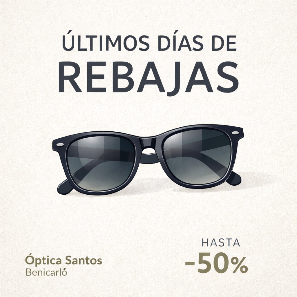🕶️ Última semana de rebajas
No lo dejes pasar ⏰
Tus gafas de sol favoritas hasta –50%, solo durante unos días más.
Cuando se acaban, se acaban.
📍 Óptica Santos Benicarló
📲 DM o ven a vernos hoy mismo
#ÚltimaSemana #RebajasFinales #Hasta50 #GafasDeSol #ÓpticaSantos #Benicarló #NoLoDejesParaLuego