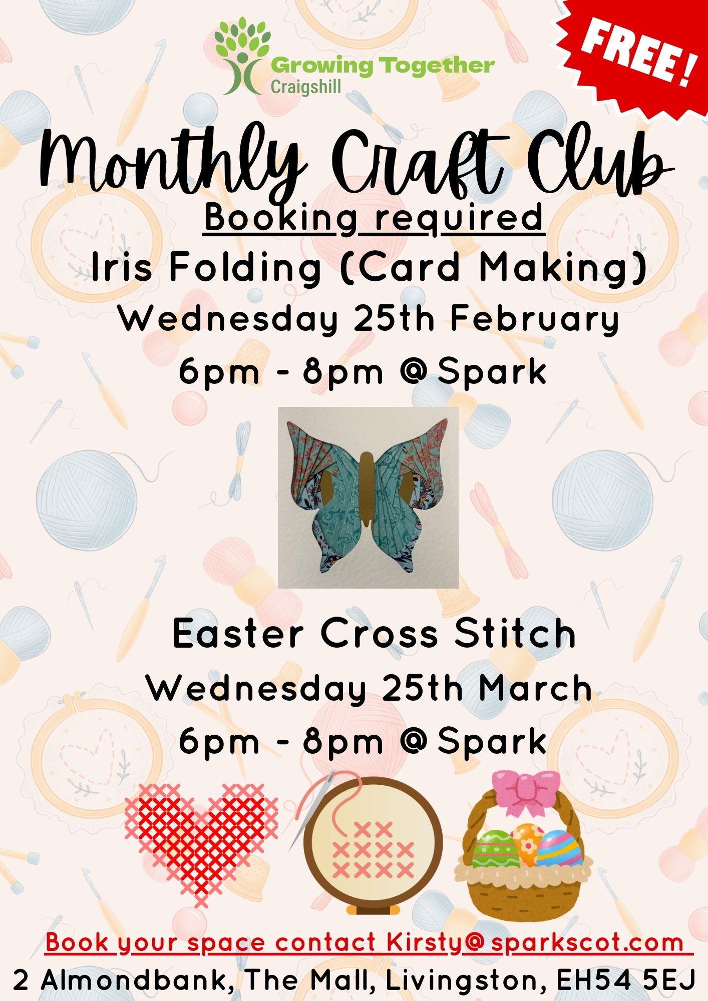 Not long until our next FREE monthly craft club, our next session is on Wednesday 25th February 6pm-8pm @ Spark & we will be doing some iris folding (card making) 🎨
For March's craft club we will be doing some Easter themed cross stitch on Wednesday 25th March 6pm-8pm @ Spark 🧵
Booking is required & spaces are limited, to book your space email Kirsty@sparkscot.com ‼️
Spark Almond Housing Association West Lothian Yap