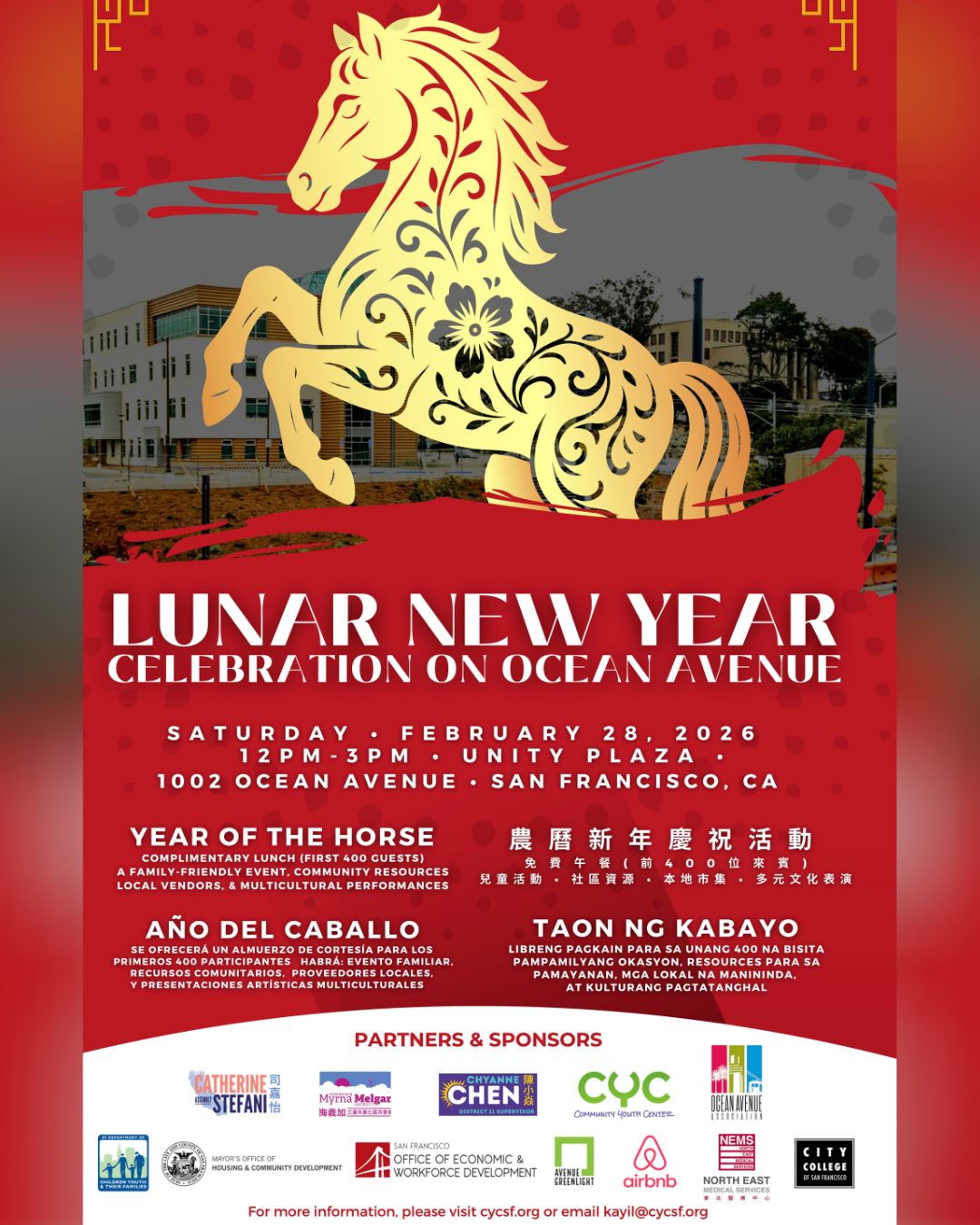 Lunar New Year Celebration on Ocean Avenue 🧧🐎 The Ocean Avenue Lunar New Year Celebration returns on 2/28 with a festive afternoon honoring the Year of the Horse. The event will feature cultural performances, arts and crafts, community resources, and local vendors, creating a welcoming space for neighbors to gather and celebrate together. Attendees can also receive $10 vouchers to use at participating Ocean Avenue businesses, encouraging exploration and support of the corridor. A family-friendly tradition open to all. RSVP via the link in bio (optional, but helpful for planning). See you then!
#LunarNewYear #YearOfTheHorse #OceanAveSF #Ingleside #CommunityEvent #SupportLocal #CelebrateTogether