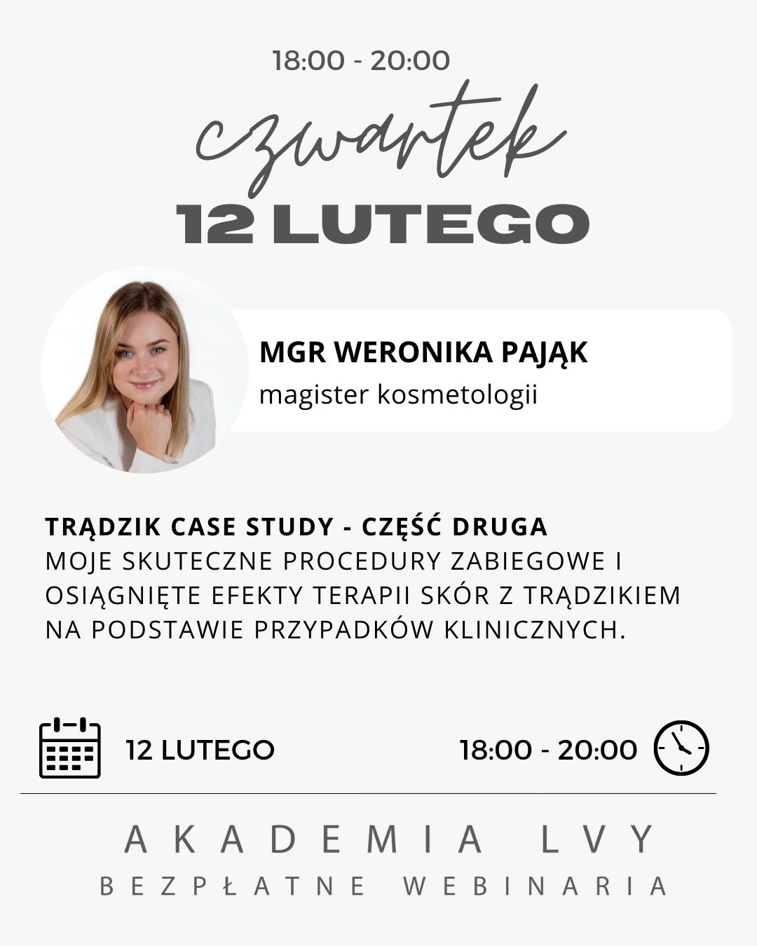 Trądzik CASE STUDY – część 2
Czy wiesz, że trądzik hormonalny i trądzik drapany wymagają zupełnie innego podejścia terapeutycznego?
12 lutego 2026 zagłębimy się w kolejne, wymagające przypadki — tym razem z mocnym naciskiem na hormony, dietę i suplementację.
Poznasz najnowsze badania, leki nasilające zmiany, specyfikę trądziku związanego z insulinoopornością oraz strategie pracy z pacjentami z zaburzeniami metabolicznymi.
Dostaniesz gotowe scenariusze zabiegowe + sposób ich modyfikowania zależnie od stopnia stanu zapalnego.
To spotkanie pomoże Ci zrozumieć dlaczego dane terapie działają… tylko u części pacjentów - i jak przełamać ten schemat.
@kosmetolog_weronika.pajak