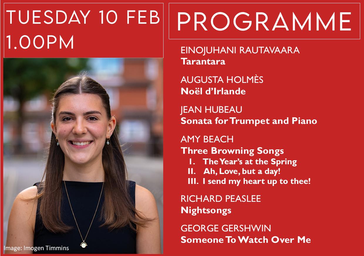 We’ve received some very positive comments following this week’s superb recital given by pianist and composer Kyle Nash-Baker. If you attended on Tuesday, we hoped you enjoyed the performance.
Next week (Tuesday 10th @ 1.00pm) we welcome Imogen Timmins who is an Instrumental Fellow of the Philharmonia (trumpet) and she will be accompanied by pianist Oliver Cuttriss. Imogen’s planned programme is in the slide below.
Up to date details of the Spring series are in the Spring term programme.
All of our Tuesday recitals start 1.00pm and are free to enter, with a suggested retiring donation of £5. Tea and coffee is served from 12.00 noon.
Thank you for your support and we look forward to seeing you soon.
St Paul’s Concert Team
(Registered Charity 1134614)