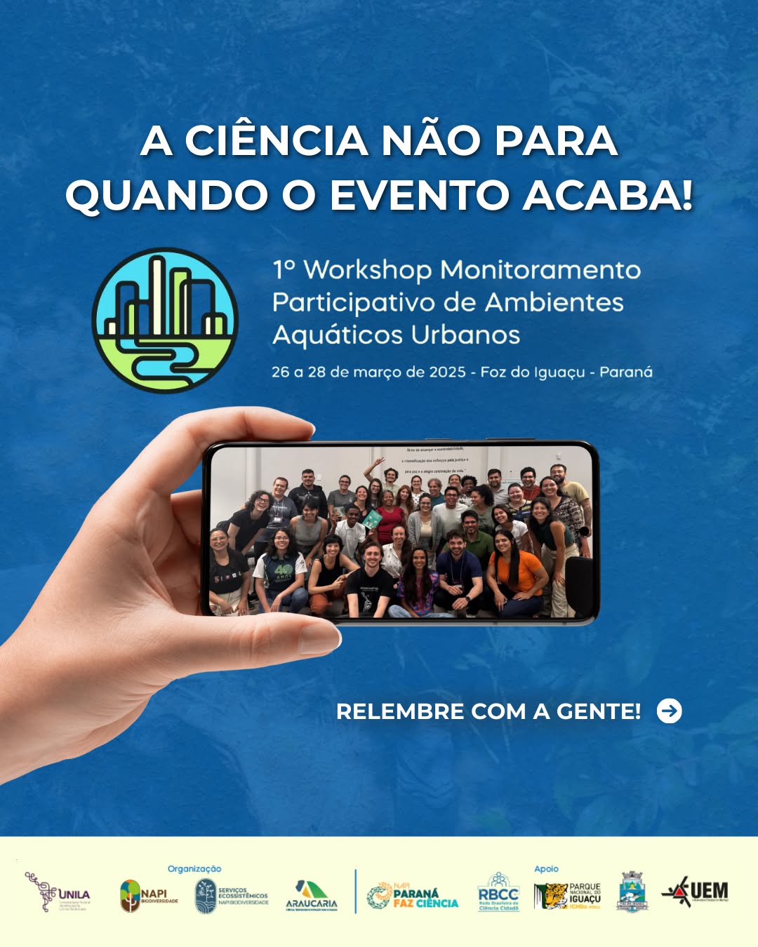 Em março de 2025, aconteceu o 1º Workshop de Monitoramento Participativo de Ambientes Aquáticos Urbanos, um encontro presencial de muito aprendizado, trocas e atividades teóricas e práticas 🌱💧
O workshop teve como objetivo capacitar profissionais da área ambiental, gestores, professores e demais interessados no monitoramento participativo da qualidade da água e dos ecossistemas aquáticos urbanos, incluindo áreas de preservação permanente (APPs).
Essa iniciativa fez parte dos Novos Arranjos de Pesquisa e Inovação (NAPIs), com financiamento da Fundação Araucária, e foi conduzida por pesquisadores do NAPI Biodiversidade: Serviços Ecossistêmicos e da UNILA.
Seguimos construindo conhecimento coletivo e cuidando dos nossos ambientes aquáticos 💙🌎
.
.
.
.
#MonitoramentoParticipativo #ambientesaquaticos #biodiversidade #educaçãoambiental #cienciacidada
