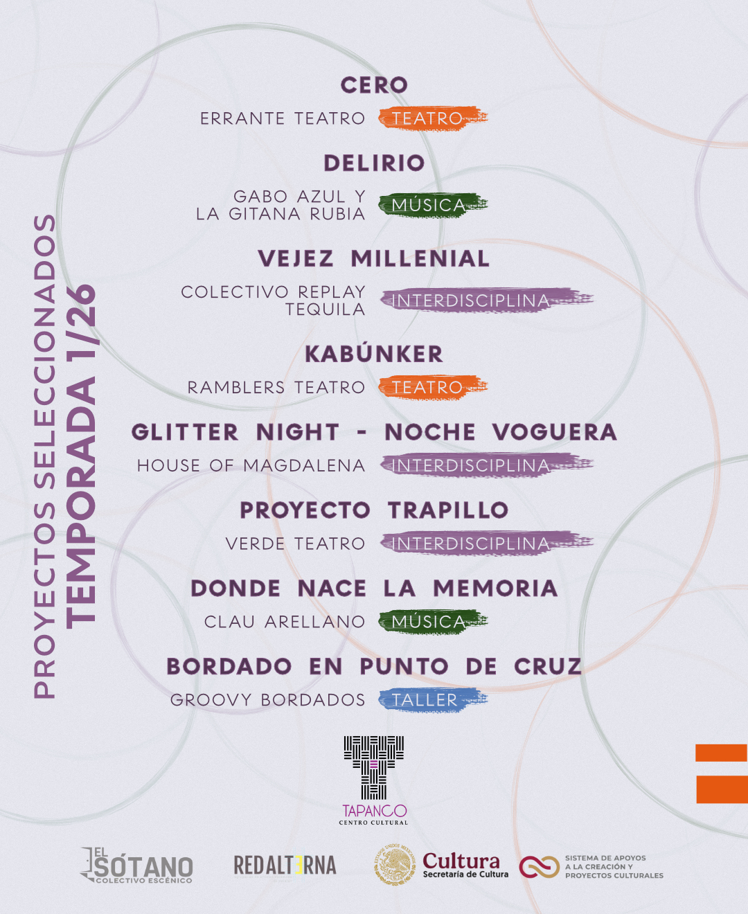 ✨ PROYECTOS SELECCIONADOS · TEMPORADA 1/26 ✨
📍 Tapanco Centro Cultural
Nos llena de entusiasmo compartir los proyectos seleccionados para formar parte de la Temporada 1/26 en Tapanco Centro Cultural 💜
🎭 CERO
@erranteatro · Teatro
🎶 DELIRIO
@gabo4zul @viktoria.kohalmi · Música
🌀 VEJEZ MILLENIAL
@colectivoreplaytequila · Interdisciplina
🎪 KABÚNKER
@ramblersteatro_ · Teatro
✨💃 GLITTER NIGHT – NOCHE VOGUERA
@houseofmagdalena @soycarlotaroja · Interdisciplina
🧶 PROYECTO TRAPILLO
@danismontalv0 y @proyecto_trapillo · Interdisciplina
🎵 DONDE NACE LA MEMORIA
@clau.arellanola · Música
🪡 BORDADO EN PUNTO DE CRUZ
@groovy_artesanal · Taller
💫 Agradecemos profundamente a todas las personas, colectivos y compañías que participaron en esta convocatoria.
📩 En breve, los proyectos seleccionados recibirán un correo electrónico con los pasos a seguir para continuar el proceso y comenzar a habitar Tapanco 🏠✨
🌱 Si tu proyecto no fue seleccionado en esta ocasión, te contamos que habrá una nueva convocatoria a mediados de año, así que mantente atentx a nuestras redes y canales oficiales 👀📲