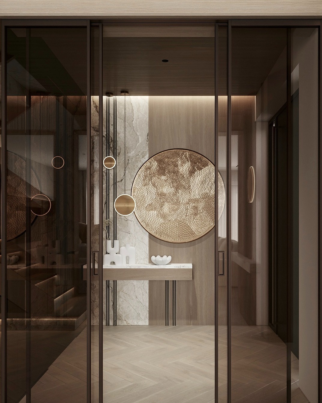 Hol w projekcie Quiet Gusto to pierwsze wrażenie luksusu i spokoju.
Miękkie światło, naturalne materiały i dopracowane proporcje tworzą przestrzeń, która uspokaja już od progu.
Subtelna elegancja zamiast chaosu.
Komfort zamiast przypadkowych detali.