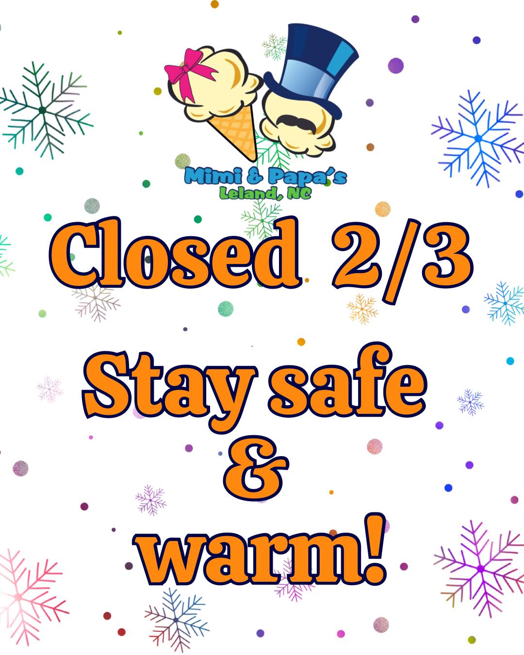 Hey y’all!
Out of an abundance of caution for our team’s safety, we will continue to be closed on Tuesday, February 3rd.
We are continuing to work on orders even though the shop itself is closed.
If you have any questions, please send an email to info@mimiandpapaspopcorn.com and we will get back to you asap!
Thanks for your flexibility and stay safe on the roads. ❤️