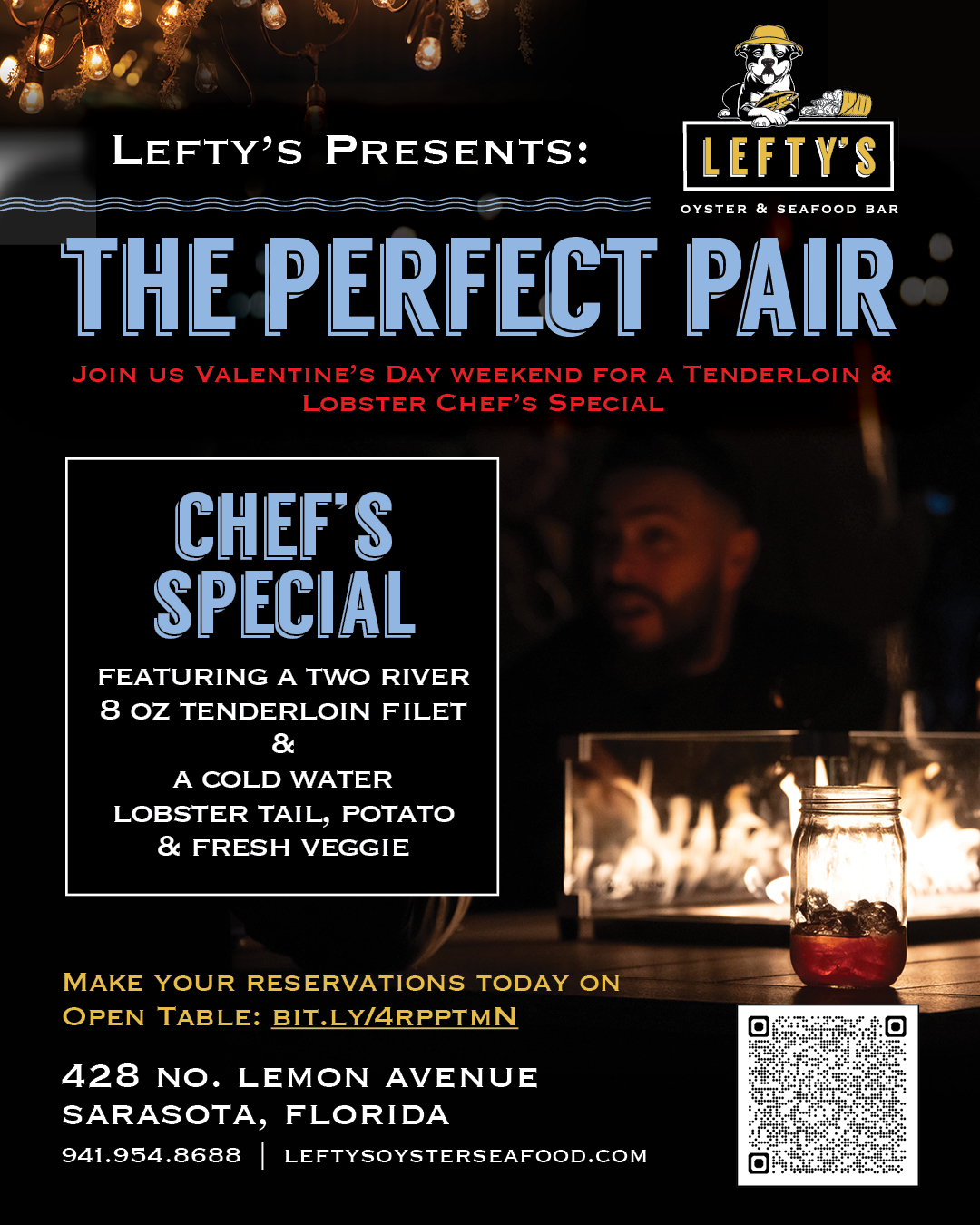 A poster design as seen on the front door at Lefty's Oyster and Seafood Bar! Enjoy a Valentine's Day dinner, Filet and Lobster Tail dinner for $49! ❤️