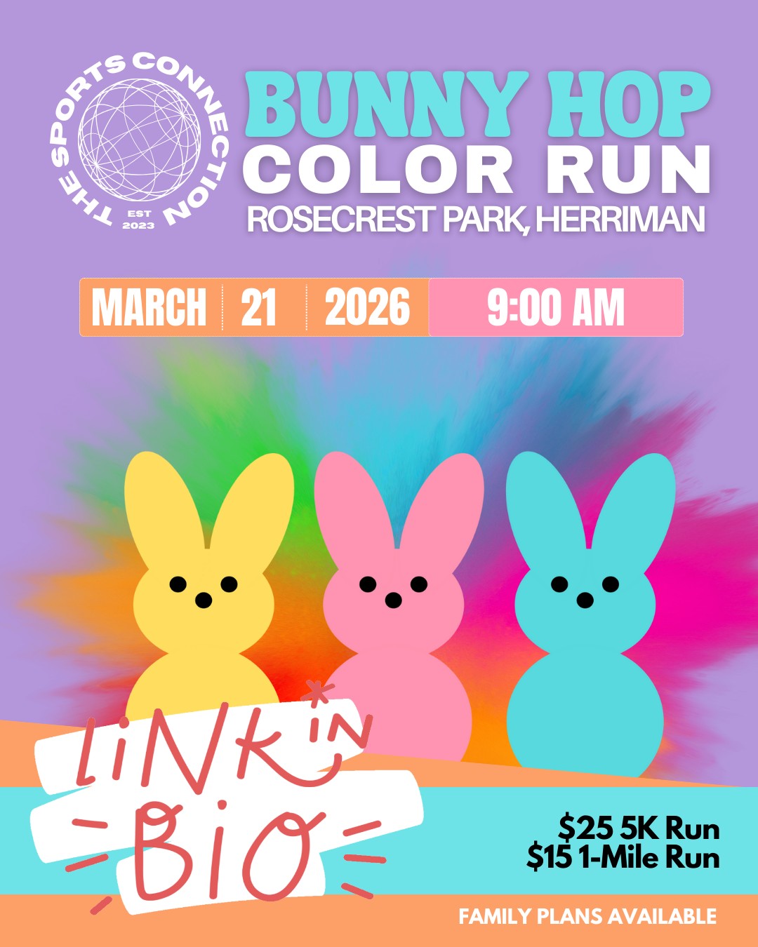 Spots are filling up — hop in while you still can!
The Bunny Hop Color Run is almost here, and we’d LOVE to see more families, friends, and runners join the fun! This isn’t about speed — it’s about smiles, color splashes, music, and making spring memories together.
✨ What you’ll love:
🎨 Color zones along the course
👟 Walk, jog, or run — all ages welcome
🎶 High-energy vibes + spring fun
🐣 A perfect family-friendly event
Whether you’re bringing the kids, your running buddy, or the whole crew, this is one event you don’t want to miss.
👉 Sign up now — link in bio!
Let’s make this Bunny Hop the most colorful one yet 🌈💙
#BunnyHopColorRun #ColorRun #SpringEvents #FamilyFun #GetOutAndPlay #SportsConnectionUtah