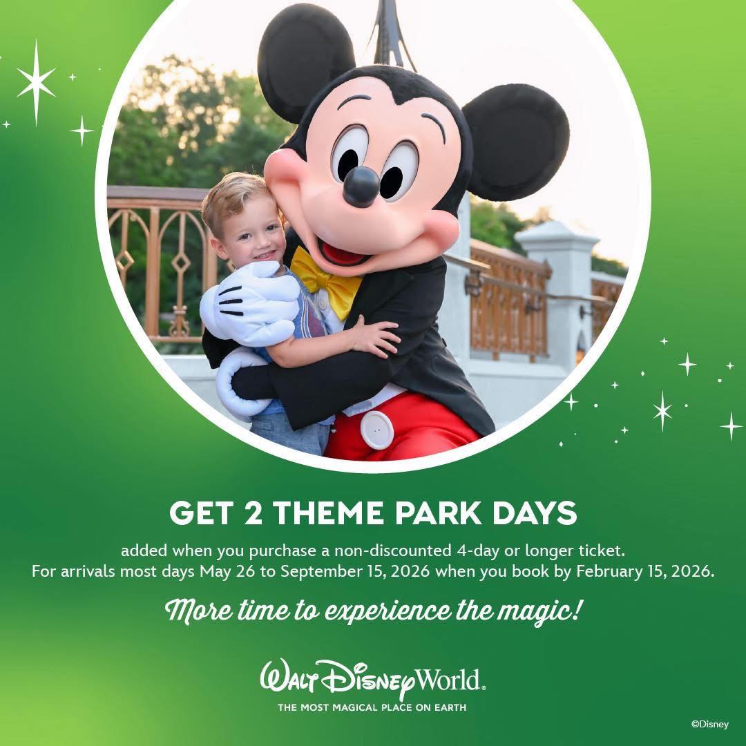 Only 12 Days Left - to take advantage of one of the BEST Disney World promos ever offered!! 🤯💨🏰
☀️ Get 2 FREE Nights & Theme Park Days when you purchase a minimum 4-Night/4-Day room+ticket package at select Disney Resorts!!
🗓️Included Dates: Most nights May 26-
September 15!
🌟 PLUS - Combine this offer with the FREE Kids Dining Plans (ages 3-9) for 2026 vacations! 🍽️🥨🍨
💦 AND - Receive FREE Water Park Tickets for your arrival day when your stay is between May 26-September 8!
Don’t wait - Contact us TODAY & let’s start planning your magical vacation!! 📲📧💬
#fairygodmothertravel #coolkidssummer #disneyparks #waltdisneyworld #disneydeals #freedining #freenights #planwithus #disneyexperts #earmarkedagency #authorizeddisneyvacationplanner