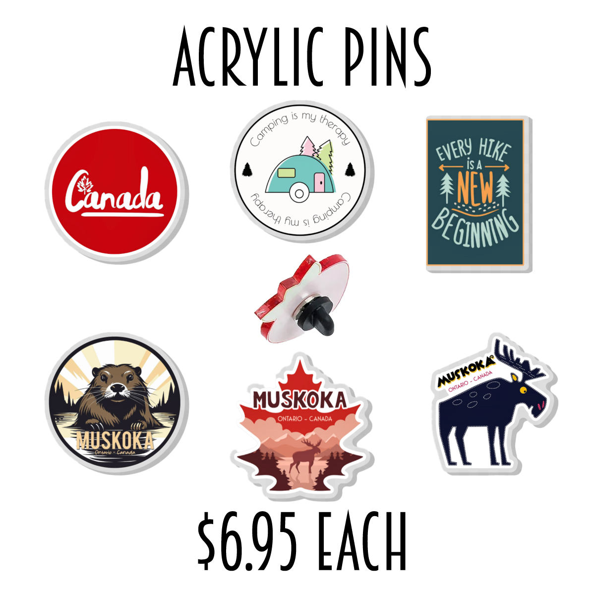 Muskoka Mercantile's acrylic pins are perfect to attach to backpacks, hats, clothing and so much more.
#muskokamercantile #muskokashipyards