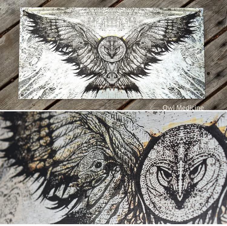 I happen to have one of these metal prints of “Owl Medicine” available. 24x12 on sale now for $250 (regularly $375) - comes with standoff mounting hardware