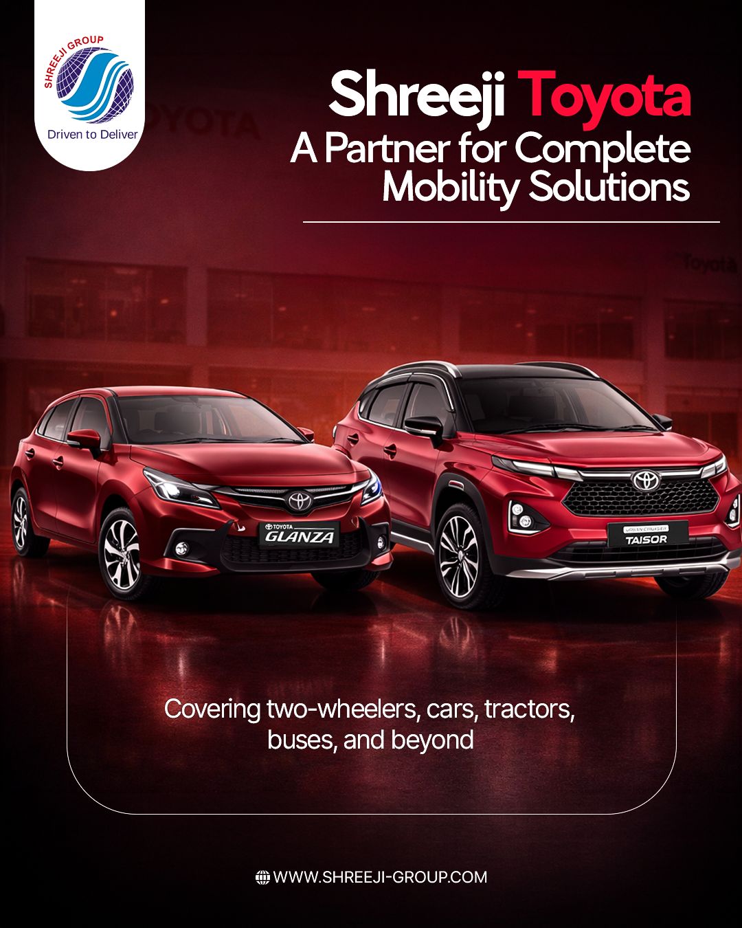 Shreeji Group delivers complete mobility support through trusted vehicle solutions, covering cars, tractors, buses, and more, helping people and businesses move smoothly with reliable service and strong network reach.
- - - - -
☎: 1800 833 3123
📩: info@shreejitoyota.com
- - - - -
#ShreejiGroup #MobilitySolutions #ToyotaPartner #TrustedService #DrivenToDeliver