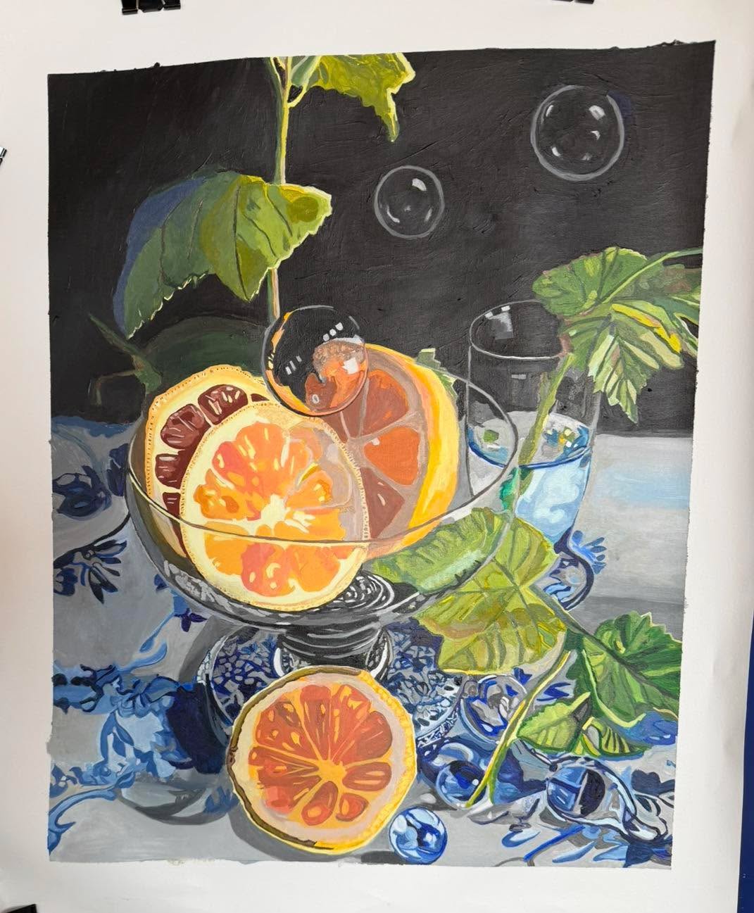 Done! 21x27” acrylic on canvas. I really like glass and water. I like the reflection and refraction.