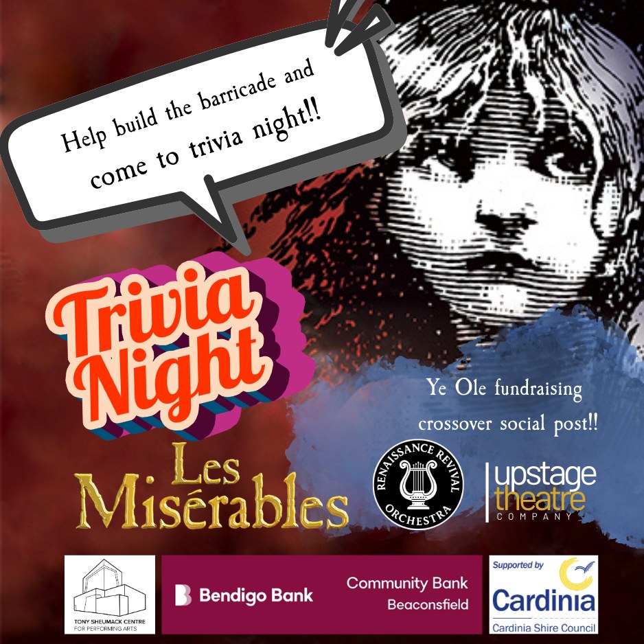 🎭 LES MIS + TRIVIA = THE ULTIMATE UPSTAGE FUNDRAISER! 🧠✨
Why choose just one when you can support Les Misérables and have a cracking night out?
🎶 Our epic Les Mis season is coming
🧠 Our Trivia Night Fundraiser is nearly here
🎟️ AND early bird tickets are on sale now!
💥 Every ticket sold helps bring Les Misérables to life at Upstage Theatre Company
💥 Every trivia question answered helps support local community theatre
💥 Every early bird ticket saves you $$$ (and guarantees bragging rights)
📅 Trivia Night: Feb 28 | ⏰ 7:30pm
https://triviashirts.eventbrite.com
🎟️ Les Mis Early Bird Tickets: Limited time only – don’t wait!
https://www.upstagetheatrecompany.com/book-tickets
Come for the trivia.
Stay for the revolution.
Support the arts.
MIZ ROCKS BERWICK. 🇫🇷🥖🥐🍟