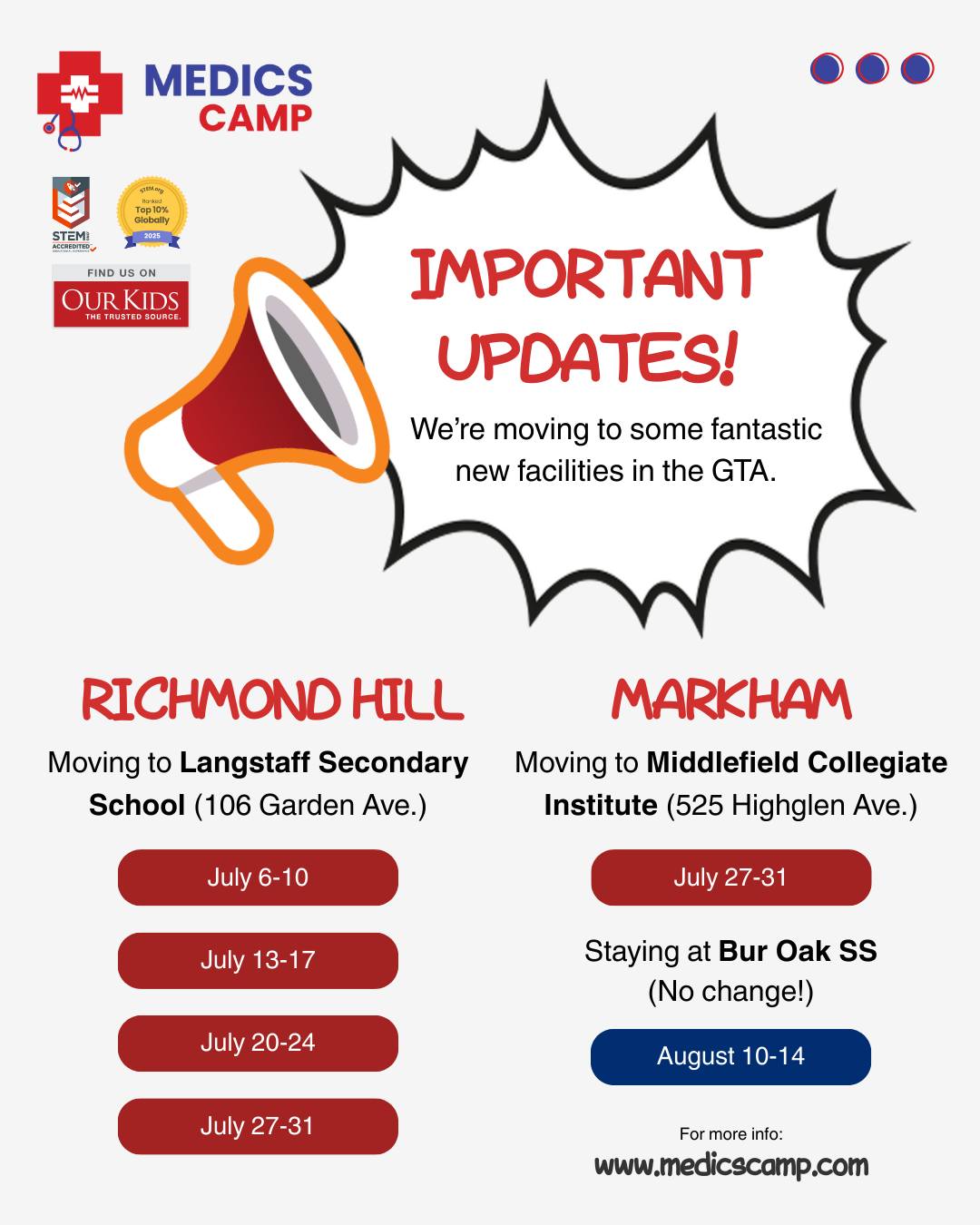 Important Update for Richmond Hill & Markham!
We’ve moved two of our locations to new secondary school campuses.
Please take a moment to update your calendars and check your routes.
Questions about the new locations? Drop them in the comments below or send us a DM! 👇
#GTASummerCamps #GTAParents #TorontoSummerCamps #TorontoParents #TorontoMoms