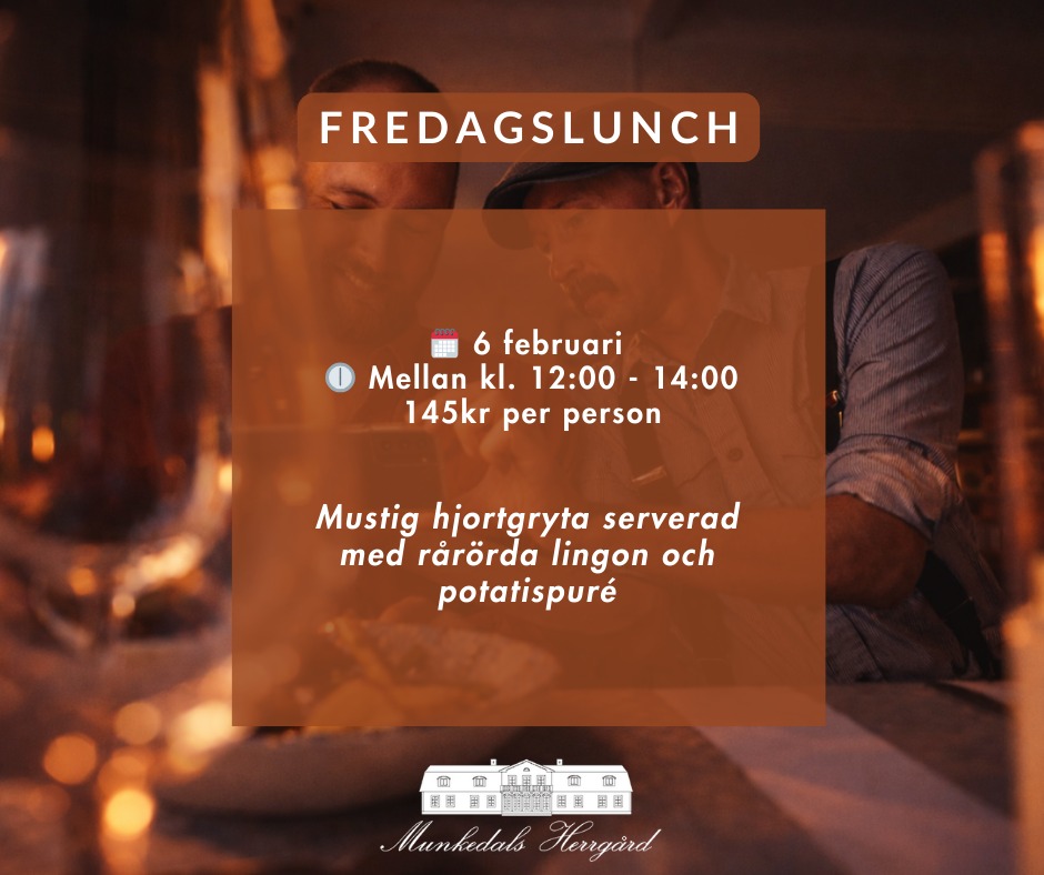 Fredag + husmanskost = sant 🤍
Den här veckan bjuder vi på hjortgryta med rårörda lingon och potatispuré.
Öppet för lunch varje fredag – boka gärna bord så vi kan ta emot er på bästa sätt!
Välkomna!