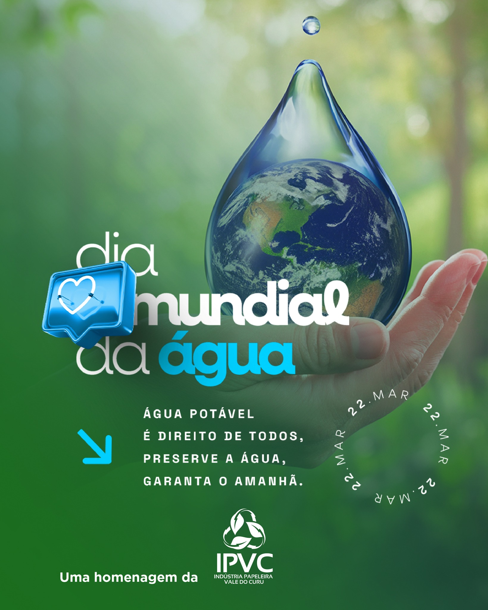 💙 A água é fonte de vida, desenvolvimento e futuro.
No Dia Mundial da Água, reforçamos nosso compromisso com a preservação e o uso consciente desse recurso tão essencial.
Cada gota importa. Preservar hoje é garantir o amanhã. 🌎💦
A IPVC acredita que sustentabilidade é responsabilidade de todos!
#DiaMundialDaÁgua #ÁguaÉVida #Sustentabilidade #PreserveOPlaneta #ConsciênciaAmbiental #ResponsabilidadeSocial #IPVC #ValeDoCuru 🌱💙