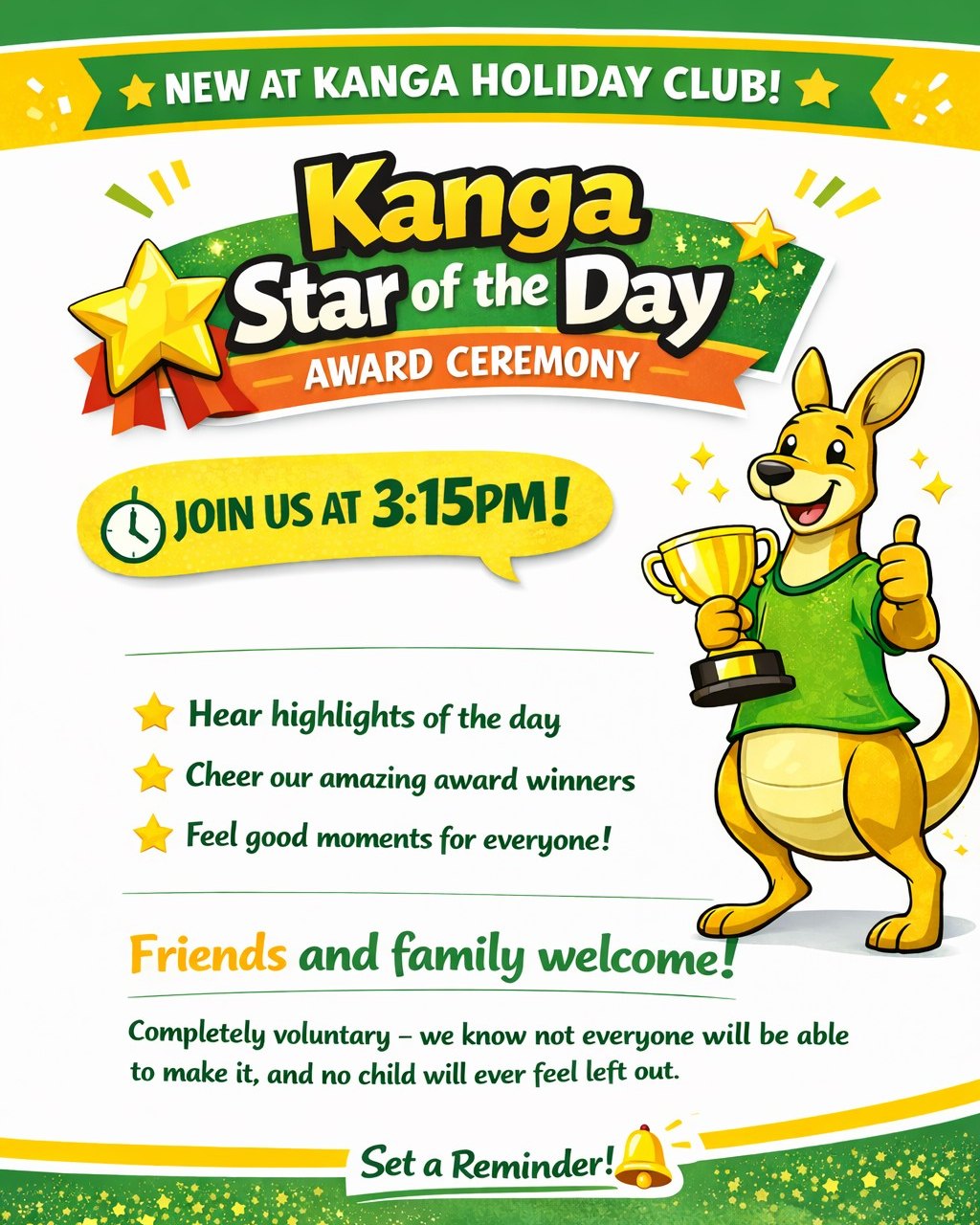 ⭐️ New at Kanga Holiday Club ⭐️
We’ve acted on your feedback -you want to know more about what your children are getting up to during the day, and we love celebrating success!
That’s why we’re introducing our Kanga Star of the Day Award Ceremony, held daily at 3:15pm 🌟
Family and friends are welcome to come in, hear about the day, and help us celebrate our holiday club stars. Then you’ll be asked to pop back outside so we can check everyone out safely using our registers.
✨ It’s completely voluntary, we know not everyone will be able to make it, and we’ll always ensure no child feels left out.
A feel-good way to end the day, the Kanga way
Find out more or book your place here:
https://www.kangasports.co.uk/holidayclubs