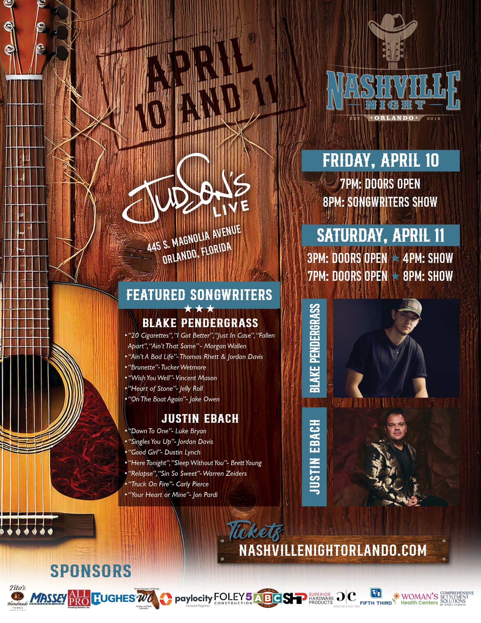 We have a special show lined up for April 10/11 weekend! Tickets will go live on Thursday at 10am using the presale code "NASHVILLE".
We can't wait to welcome @blakemccoypendergrass and Justin Ebach to Nashville Night In Orlando! It's going to be an incredible weekend with two of Nashville's best songwriters!
Thank you Orlando for all of your support!
@judsonslive
Judson’s Live