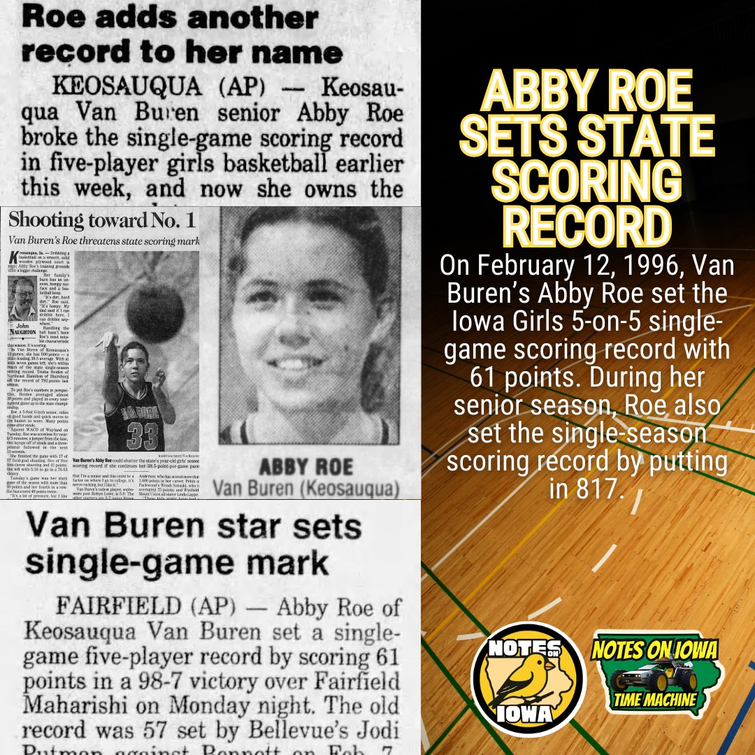 Iowa Time Machine ⏰: On February 12, 1996, Van Buren’s Abby Roe set the Iowa Girls 5-on-5 single-game scoring record with 61 points. During her senior season, Roe also set the single-season scoring record by putting in 817.
Roe honed her skills in her family’s barn. In a newspaper story, Roe describes the floor of the rustic training space. “It’s dirt, hard dirt. It’s lumpy. My dad said, " If I can dribble here, I can dribble anywhere.” Although dribbling proved a strong suit for the Van Buren star, scoring truly set her apart as her high school career unfolded.
The 5’6” guard often let her defense spark the offense. Steals led to easy baskets, and during Roe’s senior season, she racked up high-scoring performances. In a 98-7 win over Fairfield Maharishi, Roe racked up an all-time state-record single-game total of 61. Later in the week, she managed to set the single-season scoring record.
During her senior season, Roe captured first-team all-state honors by averaging 38.9 points. She finished her career ranked third on the all-time Iowa points 5-on-5 points list with a career total of 1,923. #Iowa #OTD #History #Basketball #WomensBasketball