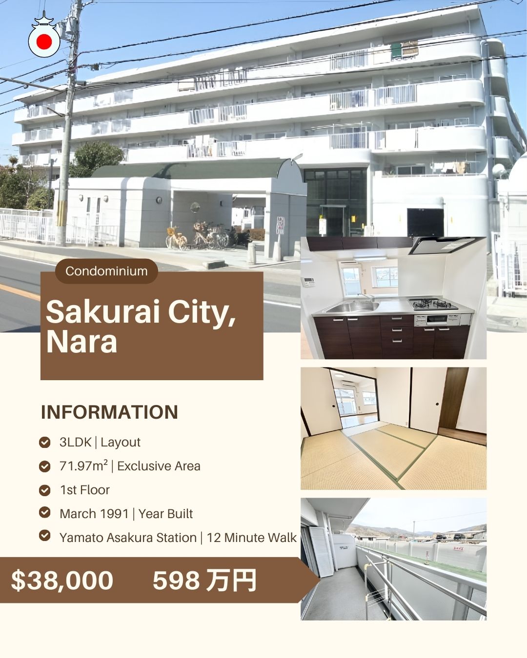 For Sale: 3LDK Condo in Sakurai City, Nara 🏙️
Jionji Temple
💰 Price: 5,980,000円 (Approx. $38,000 USD)
📐 Size: 71.97m²
🏢 Floor: 1st out of 5 floors
🛠️ Built: March 1991
💳 Monthly Fees: ¥8,280 Management + ¥16,330 Repair
🚉 Access: Yamato Asakura Station | 12 Minute Walk
For full details and personalized guidance, click the link in the bio or message us directly. We’ll be happy to provide all the info you need 🔑
https://www.omoroiosaka.com/ #600 Week 74 Showcase
--------
As a real estate agent in Osaka’s Umeda district, I search hundreds of listings daily to uncover unique houses, condos, and apartments across all price ranges. Skip the endless scrolling—my weekly showcase curates the most interesting finds in Kansai so you can discover your perfect Japan home 🏯
Note & Disclaimer
Prices may fluctuate with currency exchange. Availability is not guaranteed as listings change rapidly. Omoroi Osaka is an independent entity representing buyers and is not affiliated with the original listing company.
📢 Ad/Advertisement – This post introduces a property currently for sale in Japan. Omoroi Osaka is not the listing broker or licensed real estate company. This is for informational and promotional purposes only. この投稿は広告です。日本で現在販売中の物件を紹介していますが、Omoroi Osakaは元付業者でも宅建業者でもありません。本投稿は情報提供および宣伝を目的としたものです。
#SakuraiCityCondo
#NaraCondoForSale
#SakuraiNaraRealEstate
#NaraPropertyForSale
#JapanCondoForSale
#KansaiRealEstate
#NaraLiving
#SakuraiCityLiving
#JapanPropertyInvestment
#OmoroiOsaka