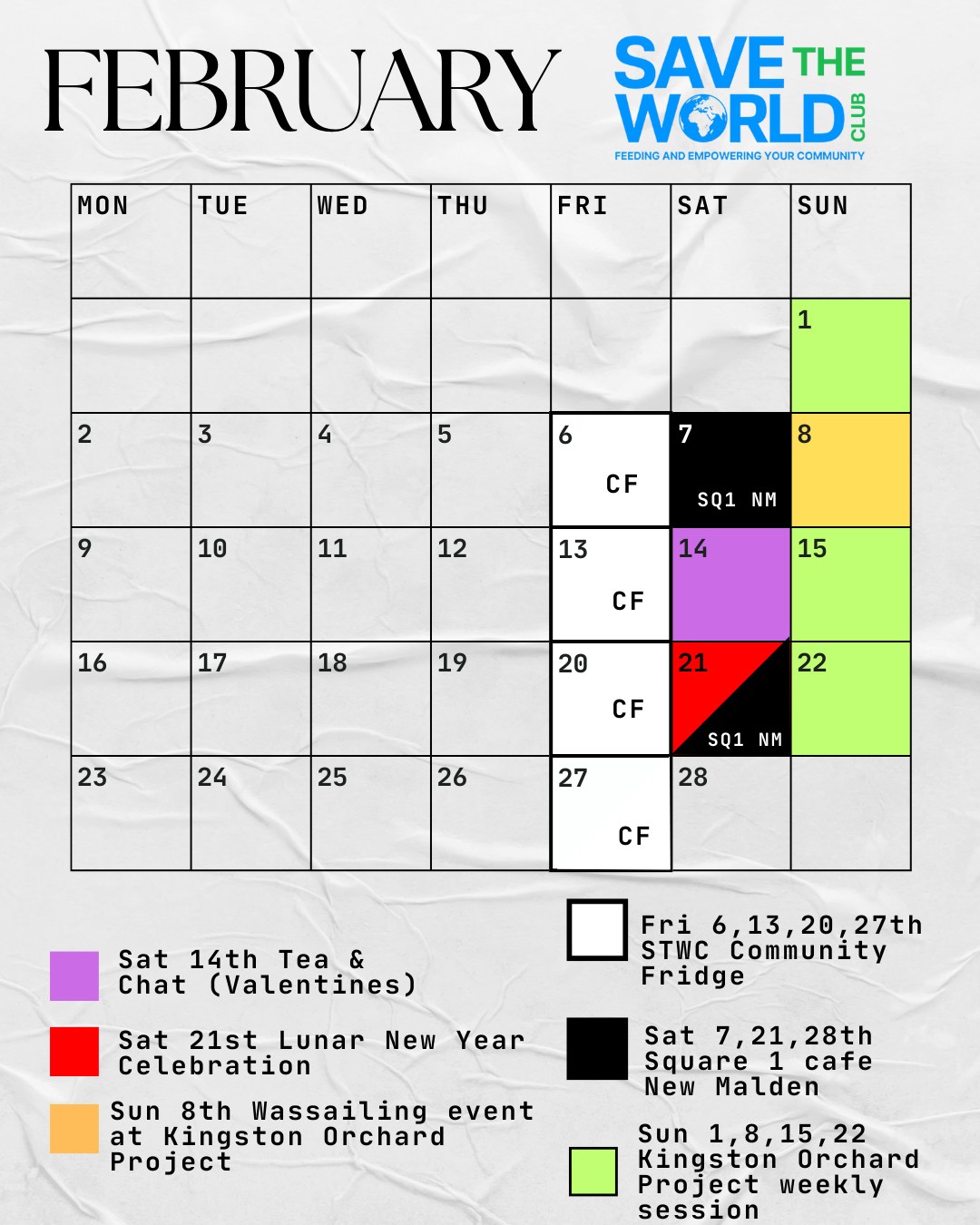 This February, don't miss out on some fantastic upcoming events! With everything from Wassailing to wake up the orchard, to #LunarNewYear Celebrations.
See more on #Wassailing here: https://www.kingstonhive.org.uk/event-details/wassail-around-the-apple-trees
See our Valentines Tea & Chat and Lunar New Year Celebration on our events page: https://www.savetheworldclub.org/events
We welcome you to share and have a fantastic week ahead.
#FreeEvents #Food #communitysupport #CommunityFridge #charityevent #charitywork #charityshop #community #charity #environmental #environment #FoodSupport #kingstonuponthames #kingston #surbiton #tolworth #newmalden #chessington #February2026