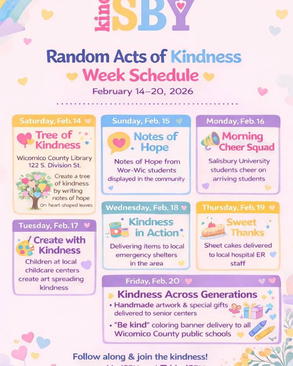 Kindness Week is Feb. 14-20! 💕 From notes of hope to sweet treats and community service, get ready to help us celebrate.
Follow along @kindSBY, and join in to help us spread kindness across Salisbury and Wicomico County.
Visit www.kindSBY.org for more!
#KindSBY #KindnessWeek #ChooseKindness