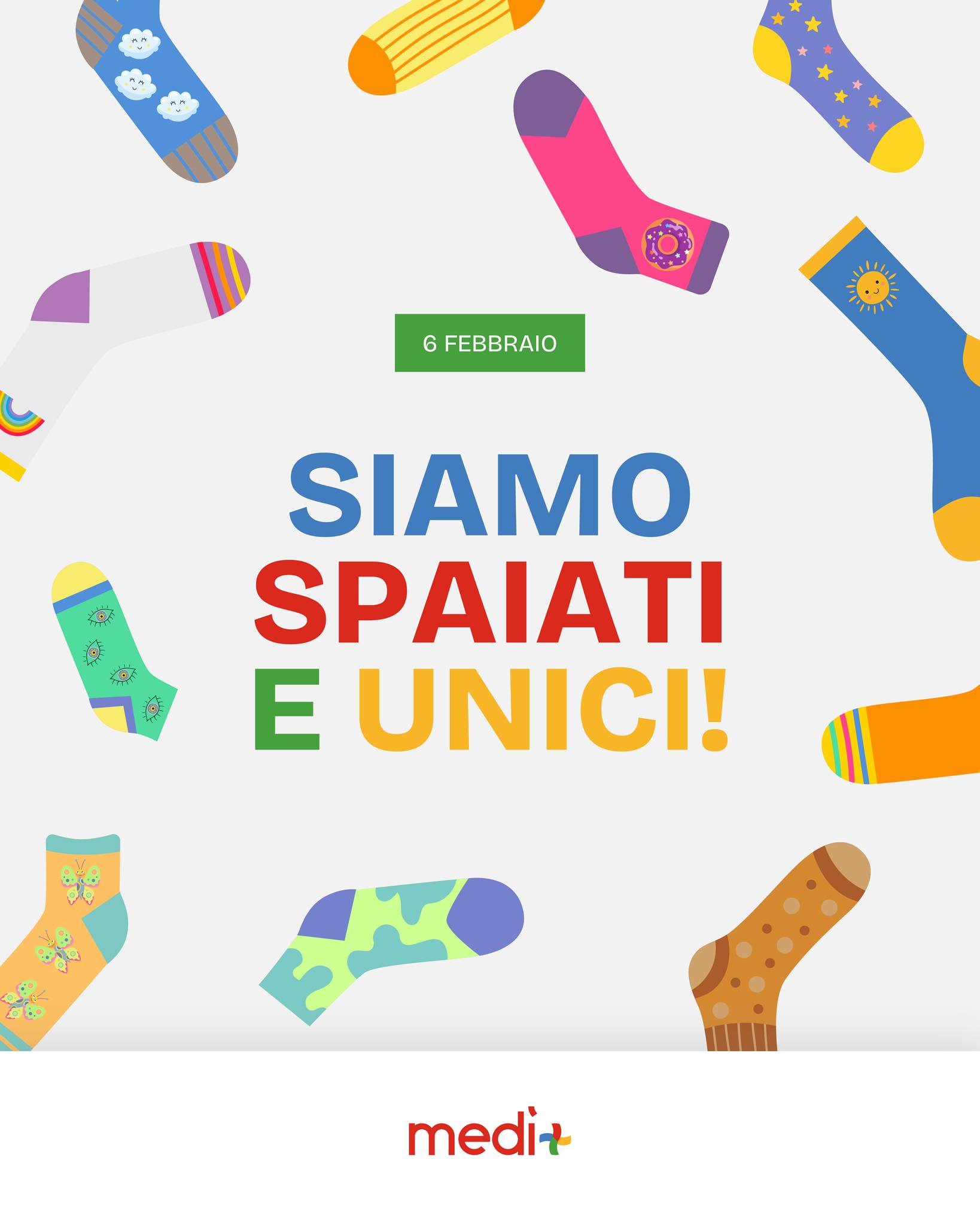 🧦 Proprio come i nostri calzini spaiati, ognuno di noi è unico, speciale e importante, e le differenze non ci dividono ma ci arricchiscono.
Al Centro Commerciale Medì celebriamo la diversità come valore, perché una comunità è più bella quando tutti possono sentirsi sé stessi. 🌟
#centrocommercialemedì #diversità #giornatadeicalzinispaiati