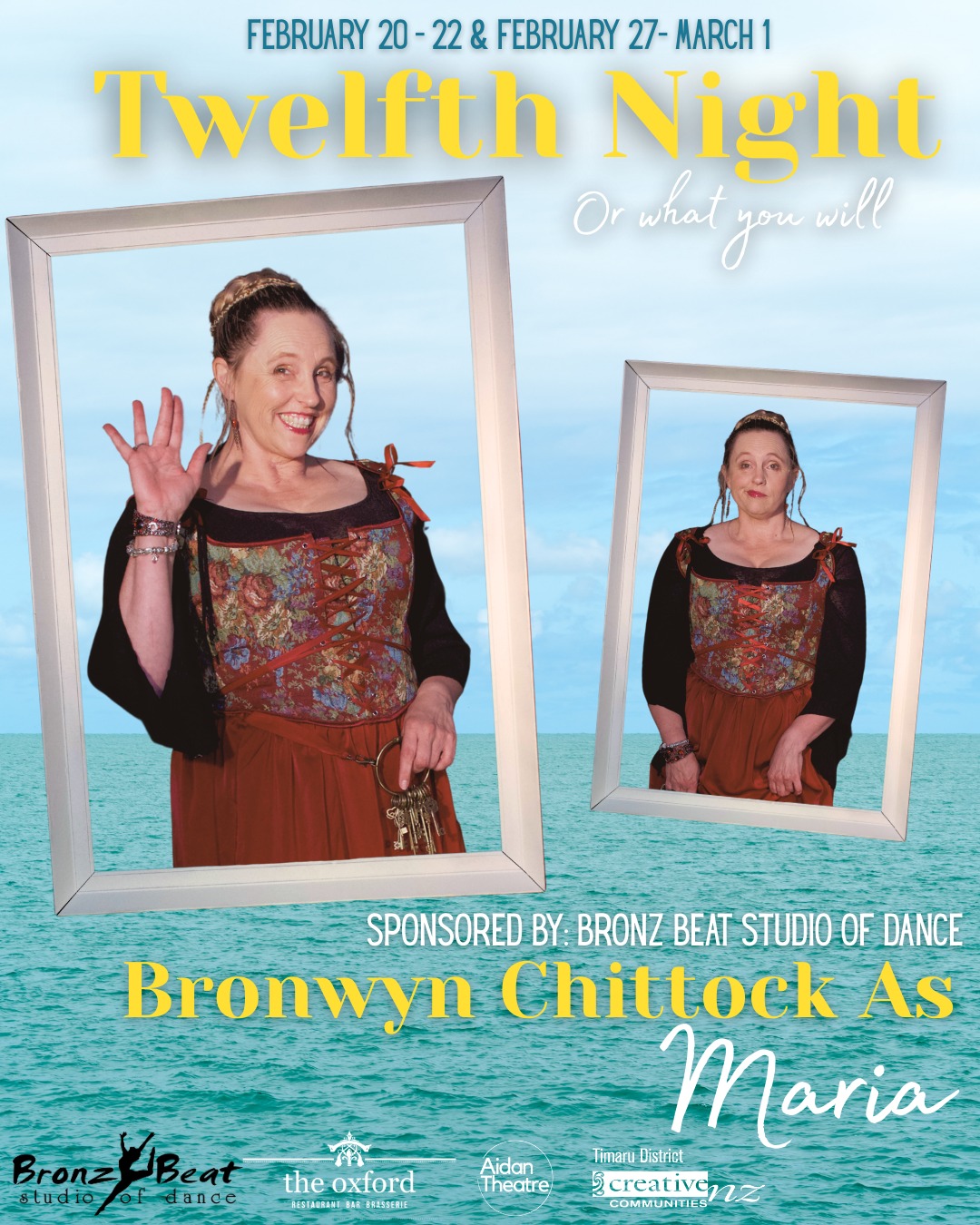 🎭 Cast Introduction 🎭
✨ Meet Bronwyn Chittock, who appears in Twelfth Night as the quick-witted and mischievous Maria! ✨
👇 Get to know a little more about Bronwyn 👇
Bronwyn is pleased to be challenged by the role of ‘Maria’ for Aidan Theatre’s production of 12th Night. Being only her second foray into the world of Shakespeare, the first being ‘Hamlet’ in 2024, she is enjoying the rehearsal process and looks forward to acting on the Sound Shell stage for the first time.
Bronwyn has previously performed with Aidan as ‘Lady Bracknell’ - The Importance of Being Earnest, ‘Mrs Bennet’ - Pride and Prejudice, ‘Scarlet’ - Red The Panto, and ‘Gertrude’ - Hamlet. She has also helped with Front of House and Backstage for several other productions.
While not spending time at rehearsals, she works full-time as well as operating and teaching with her own dance studio ‘BronzBeat Studio of Dance’ and, has more recently decided she is not busy enough and sells Dirty Sodas at markets around the region.
Bronwyn would like to thank Kimble for providing a safe, inclusive space for actors of all backgrounds to come together to showcase their talents for local audiences.
🎭✨ Don’t miss Maria’s clever schemes and quick wit lighting up the stage in Twelfth Night!
🎟️ Tickets available NOW at: https://events.humanitix.com/twelfth-night-3sp4mddm
#twelfthnight #theatre #shakespeare #southcanterburynz #timarunz