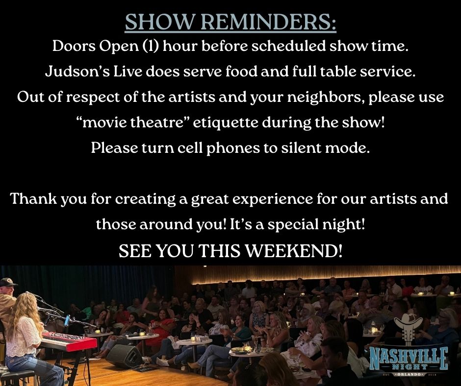 We can’t wait to see y’all this weekend as we kick off the 2026 Nashville Night In Orlando songwriter series!
Just a few important reminders as we kick off a new year! First and foremost, thank you. Nashville Night In Orlando has built a reputation in Nashville for having some of the best audiences anywhere, and that’s because of you. You create the magic in the room, and we’re incredibly grateful for your continued support.
We’re excited to bring you another incredible lineup and we can’t wait to share these songs and stories with you live.
SEE YOU SOON!