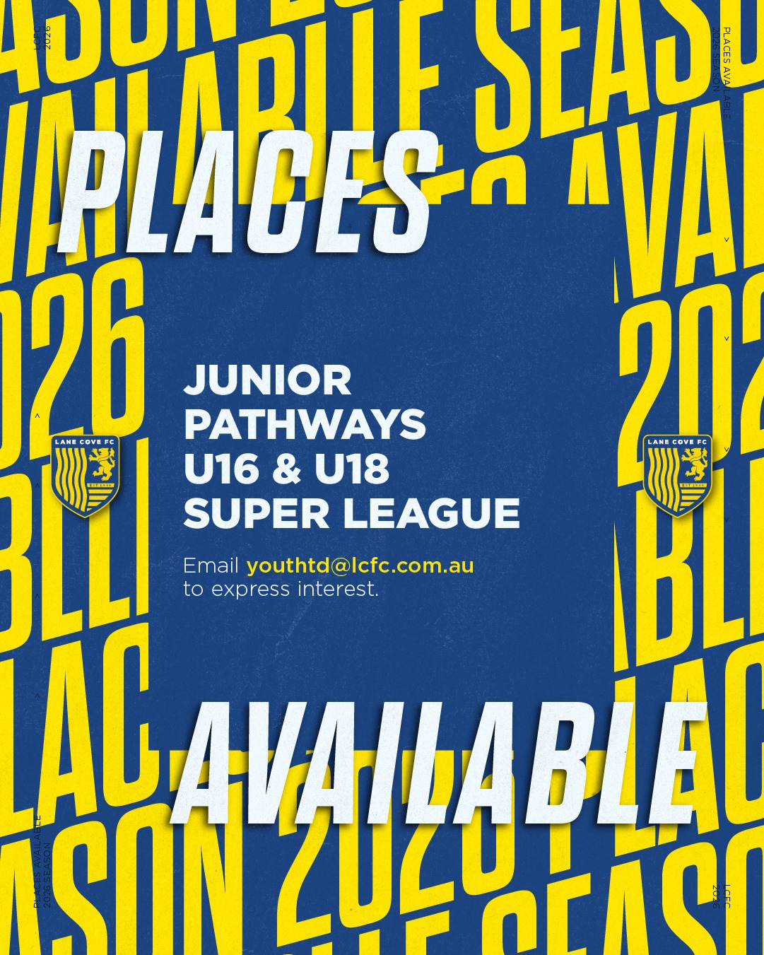 ⚽️ SPOTS AVAILABLE! ⚽️
We’ve got places open across our Junior Pathways Super League U16 & U18 teams for the 2025 season!
Email youthtd@lcfc.com.au
to express interest.
🔵🟡⚽️💪🟡🔵
#AnyOneCanPlay #LaneCoveFC
#LaneCove #inthecove #NSFA #footballnsw #footballaustralia #football #soccer #footballislife #footballculture #footballlife #90years
#LCFC #FootballNSW #PlayFootball