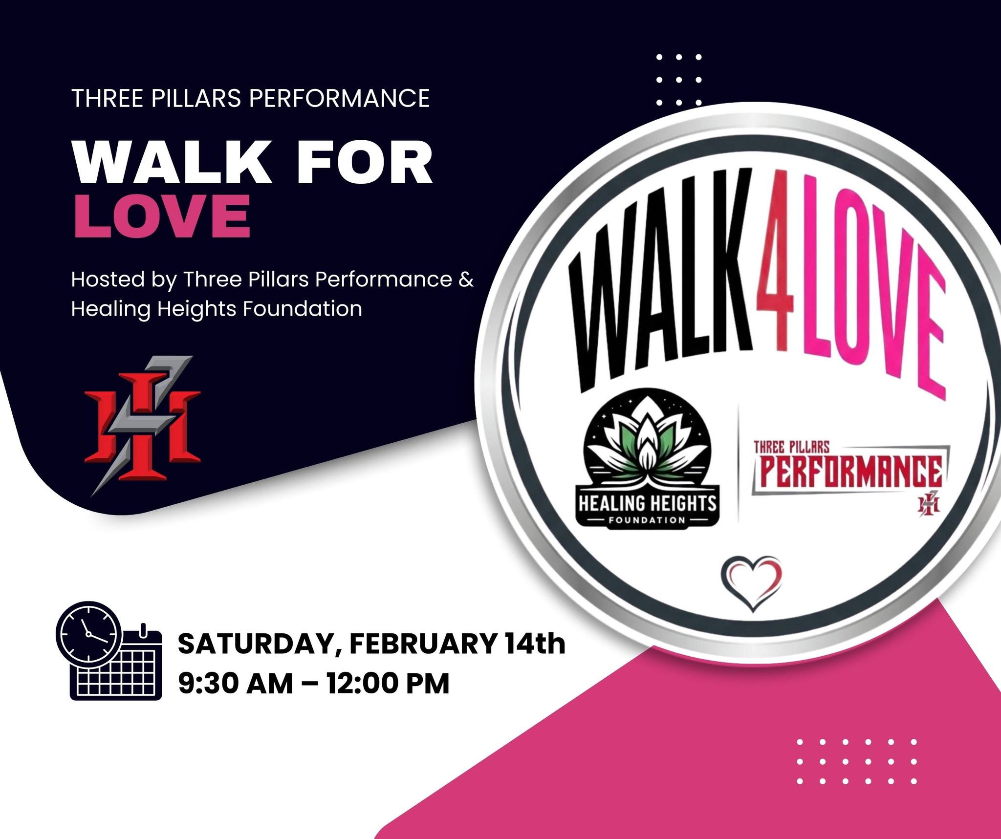 Walk for Love is THIS SATURDAY! 💚 Join us for a 1-mile walk on Helen Boosalis Trail, 9:30am-12pm. Walk with family. Run for a PR. Lean on a peer for support. Proceeds benefit athlete scholarships for summer training at Three Pillars Performance. Special guests: 93.7 The Ticket & Healing Heights Foundation. Register: https://threepillarsperformance.com/walk-4-love 🙏