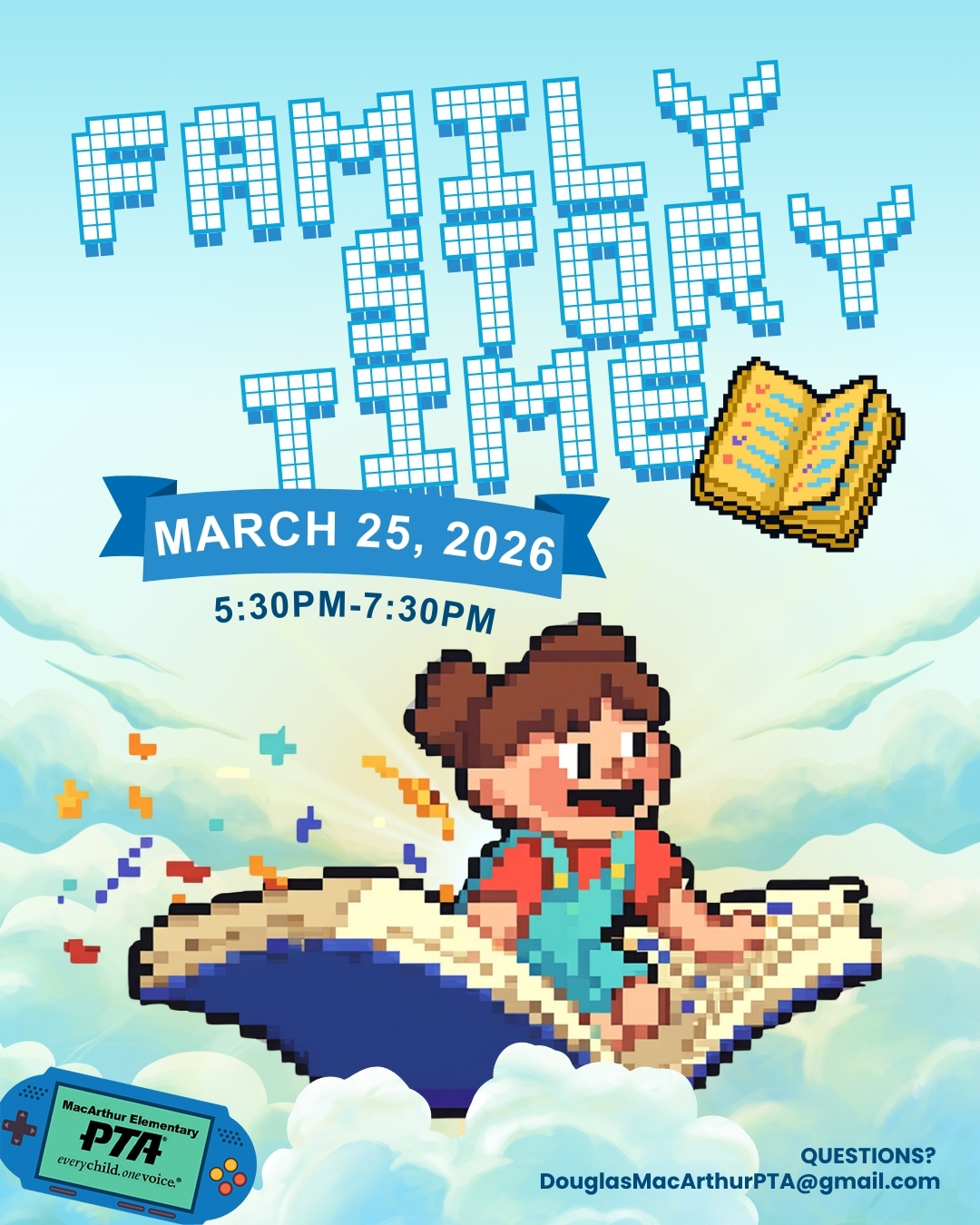 Get ready to unlock a cozy night of stories, creativity, and family fun. The MacArthur PTA is hosting Family Story Time — an evening dedicated to the magic of books and the joy of reading together.
📅 March 25
⏰ 5:30–7:30 PM
📚 Enjoy a reading of a very special book
🎨 Group art project — come ready to get creative!
🍪 Light snacks & refreshments
👨👩👧👦 Family time, laughter, and connection
📖 Celebrating the love of reading together
Bring the whole family and settle in for a story adventure where imagination takes the lead and every page unlocks a new level.
#GameOnMacArthur #MacArthurPTA #FamilyStorytime #LoveOfReading #ReadersAreLeaders #MacArthurElementary #SchoolCommunity #FamilyLiteracy #EaglePride #LongBeachSchools