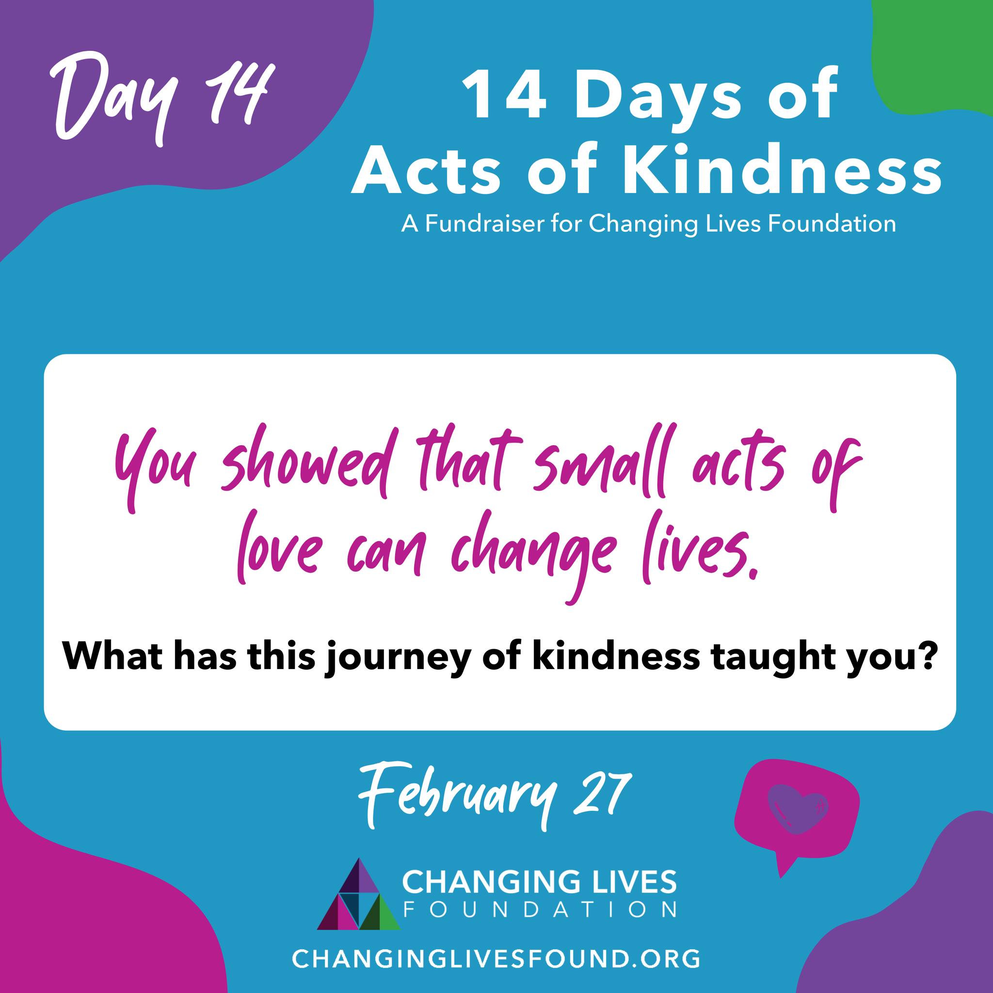 You helped make this challenge meaningful.
Share your biggest takeaway in the comments and share this post to inspire someone to start their own journey. 💛
#changinglivesfound #up2Him #nonprofit #fundraiser #kindness #actsofkindness #14days #february #day14